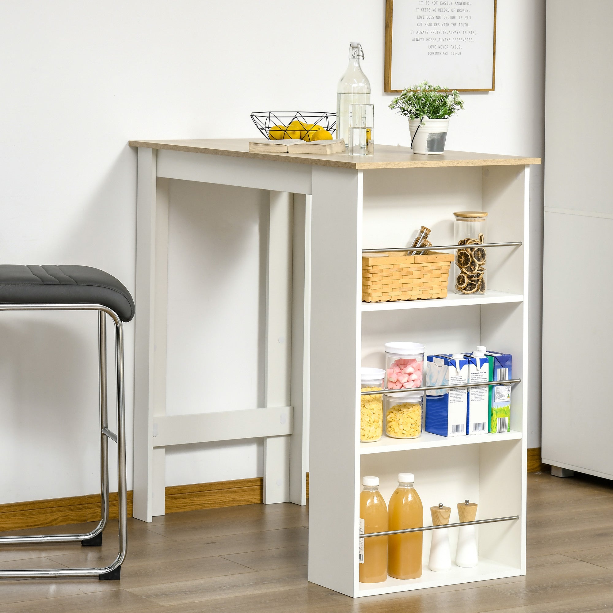 HOMCOM Modern Bar Table, Bar Height Dining Table with 3 Storage Shelves for Kitchen, Dining Room, Living Room, White