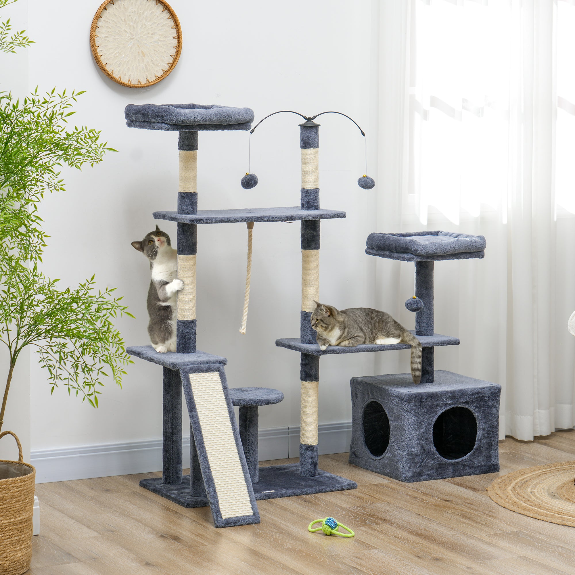 PawHut 53" Cat Tree, Multi-Level Cat Tower for Indoor Cats with Sisal Scratching Posts, Cat Condo, Beds, Platforms, Ramp, Toy Balls, Cat Activity Center, Dark Grey