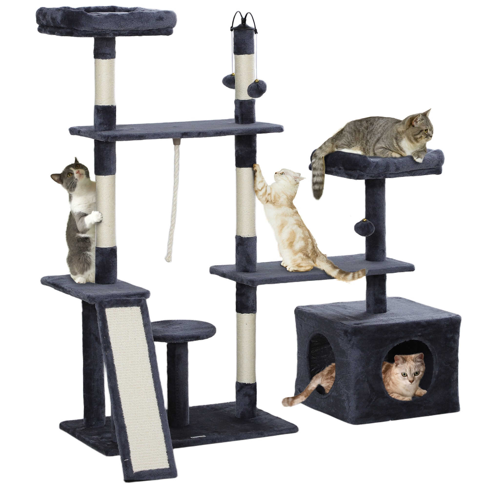 PawHut 53" Cat Tree, Multi-Level Cat Tower for Indoor Cats with Sisal Scratching Posts, Cat Condo, Beds, Platforms, Ramp, Toy Balls, Cat Activity Center, Dark Grey