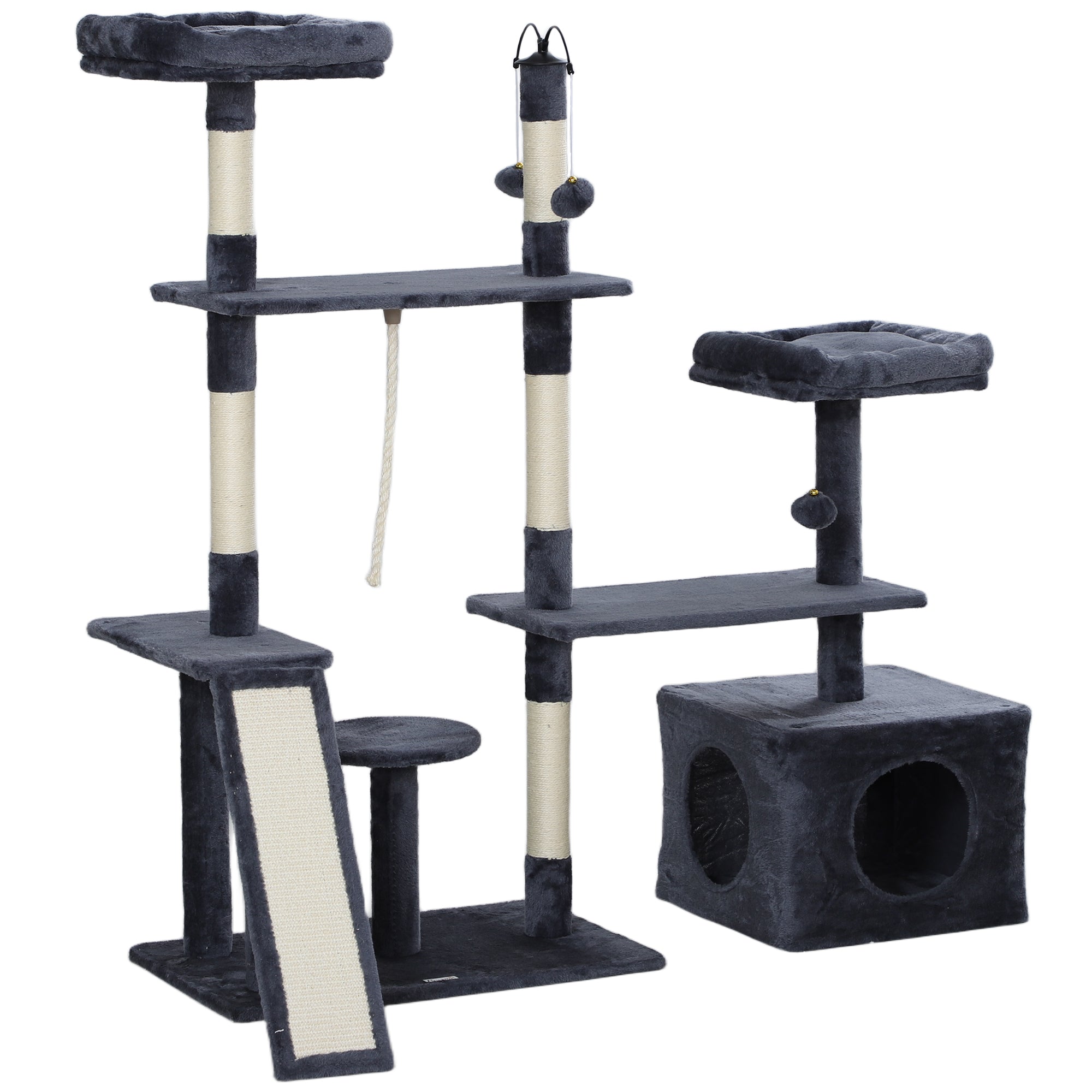 PawHut 53" Cat Tree, Multi-Level Cat Tower for Indoor Cats with Sisal Scratching Posts, Cat Condo, Beds, Platforms, Ramp, Toy Balls, Cat Activity Center, Dark Grey