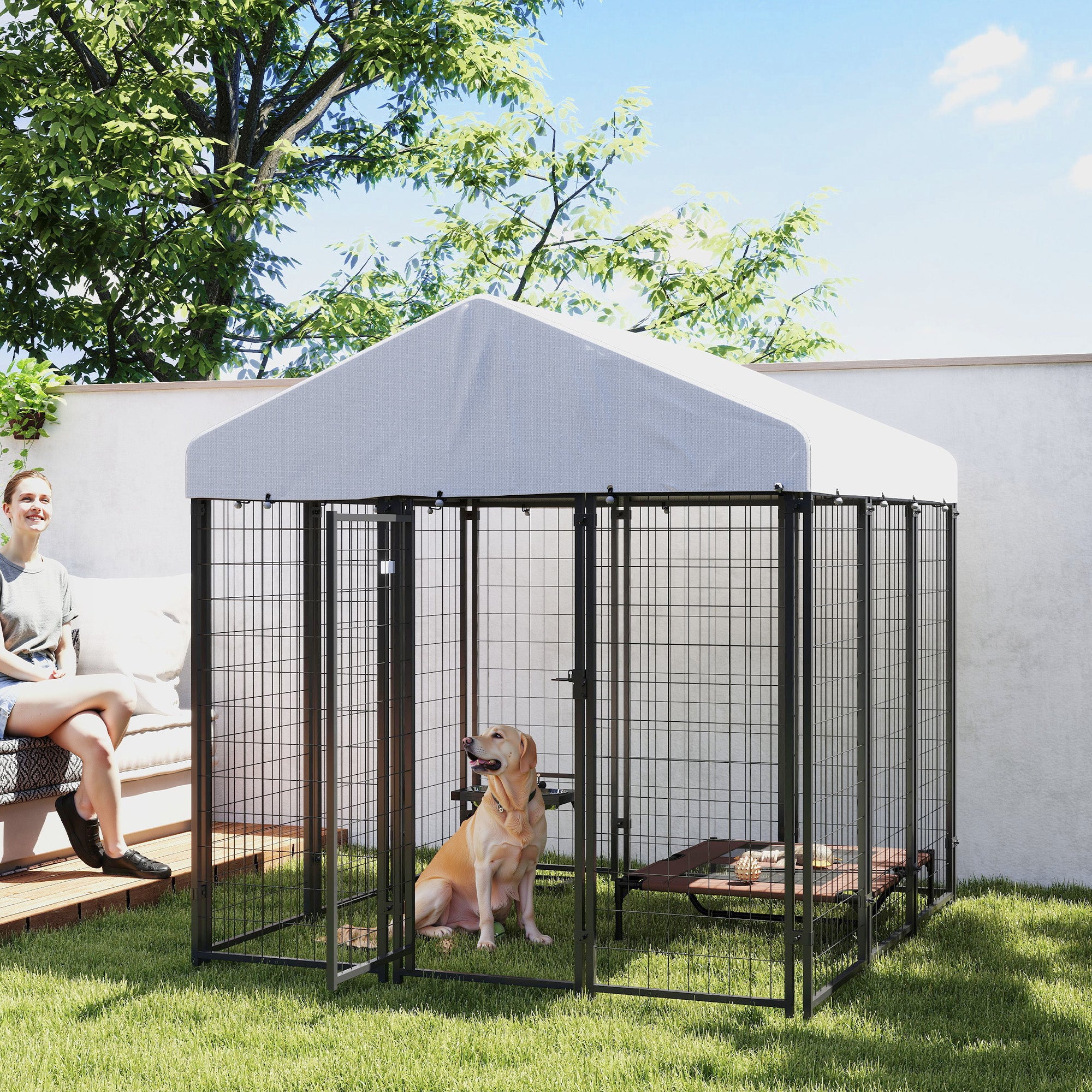 PawHut 6' x 6' x 6' Outdoor Dog Kennel, Lockable Dog Run Crate with Waterproof UV-Resistant Cover, Welded Wire Steel Fence for Large and Medium Dogs, Silver