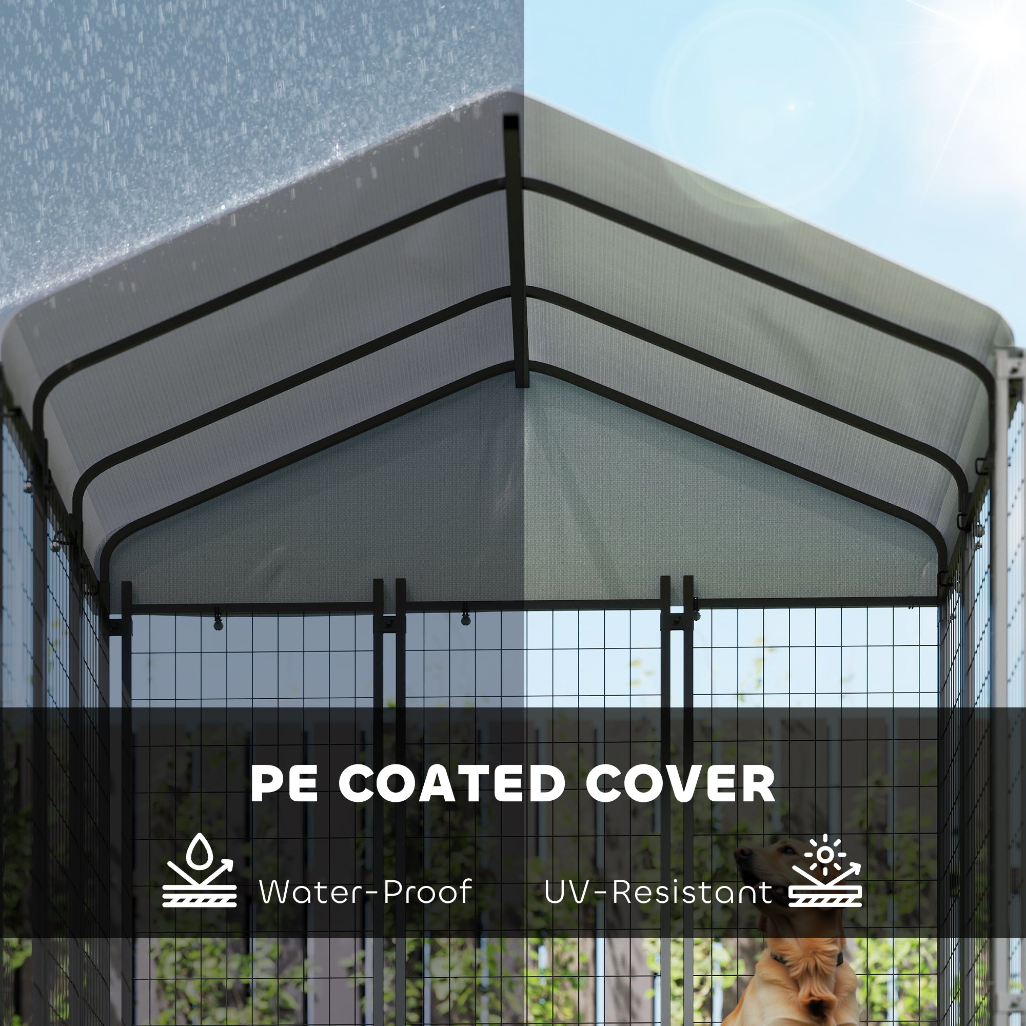PawHut 6' x 6' x 6' Outdoor Dog Kennel, Lockable Dog Run Crate with Waterproof UV-Resistant Cover, Welded Wire Steel Fence for Large and Medium Dogs, Silver