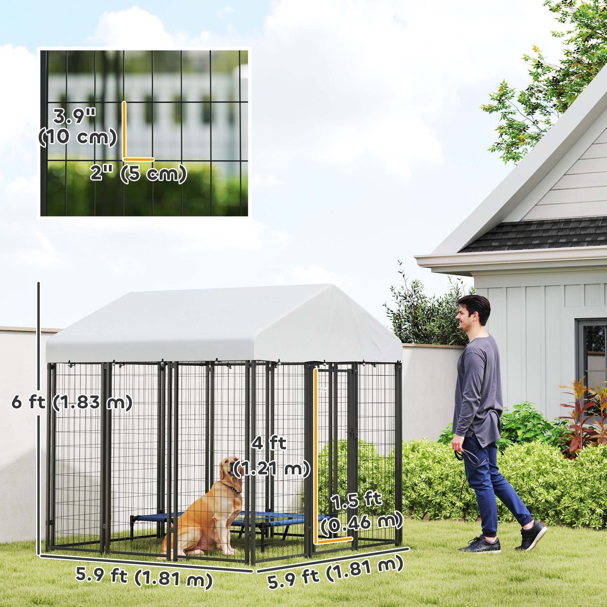 PawHut 6' x 6' x 6' Outdoor Dog Kennel, Lockable Dog Run Crate with Waterproof UV-Resistant Cover, Welded Wire Steel Fence for Large and Medium Dogs, Silver