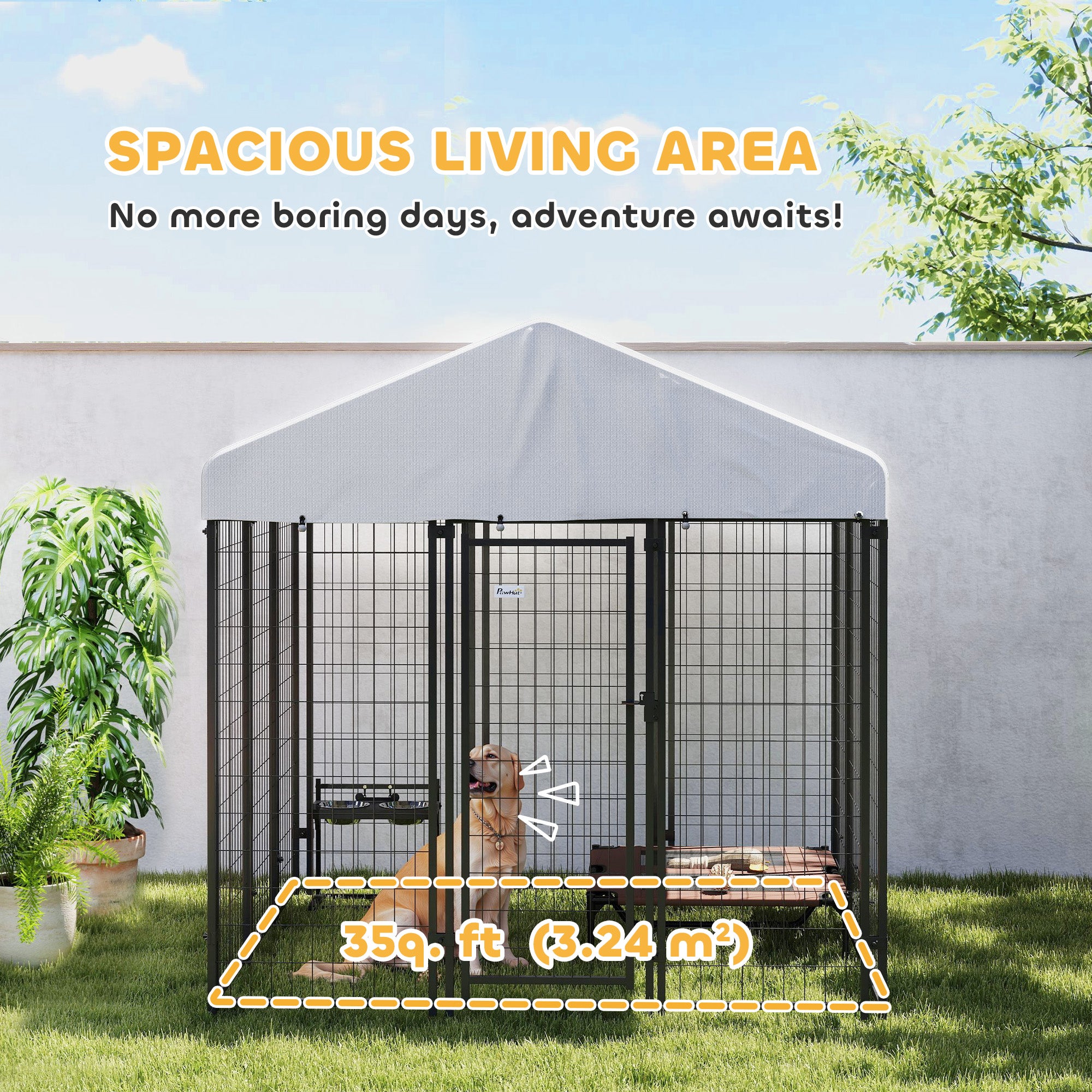 PawHut 6' x 6' x 6' Outdoor Dog Kennel, Lockable Dog Run Crate with Waterproof UV-Resistant Cover, Welded Wire Steel Fence for Large and Medium Dogs, Silver