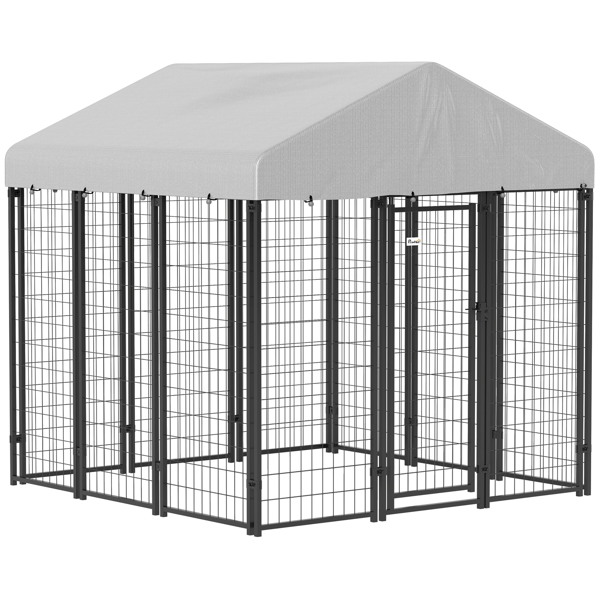 PawHut 6' x 6' x 6' Outdoor Dog Kennel, Lockable Dog Run Crate with Waterproof UV-Resistant Cover, Welded Wire Steel Fence for Large and Medium Dogs, Silver