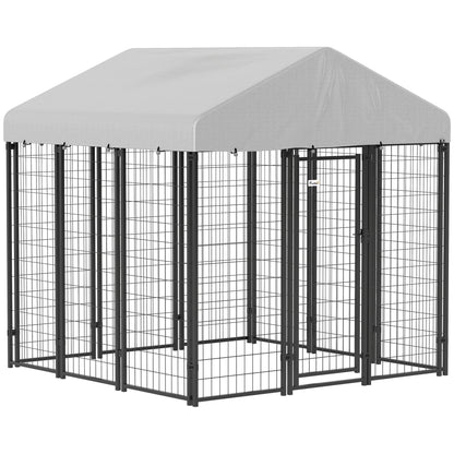 PawHut 6' x 6' x 6' Outdoor Dog Kennel, Lockable Dog Run Crate with Waterproof UV-Resistant Cover, Welded Wire Steel Fence for Large and Medium Dogs, Silver