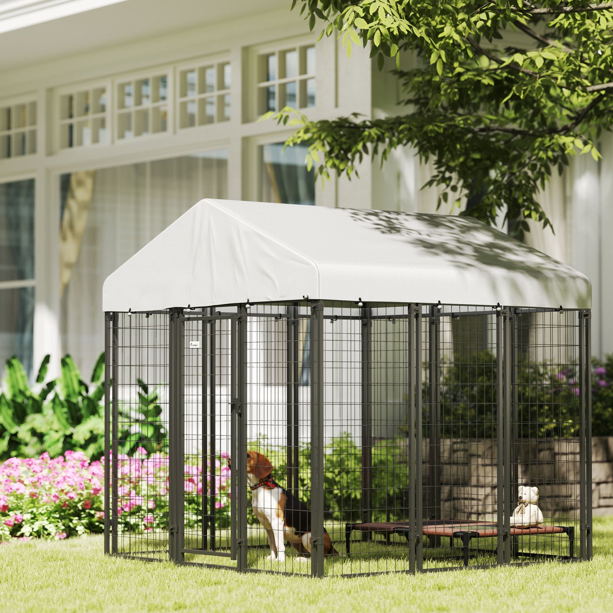 PawHut 6' x 6' x 6' Outdoor Dog Kennel, Lockable Dog Run Crate with Waterproof UV-Resistant Cover, Welded Wire Steel Fence for Large and Medium Dogs, Silver