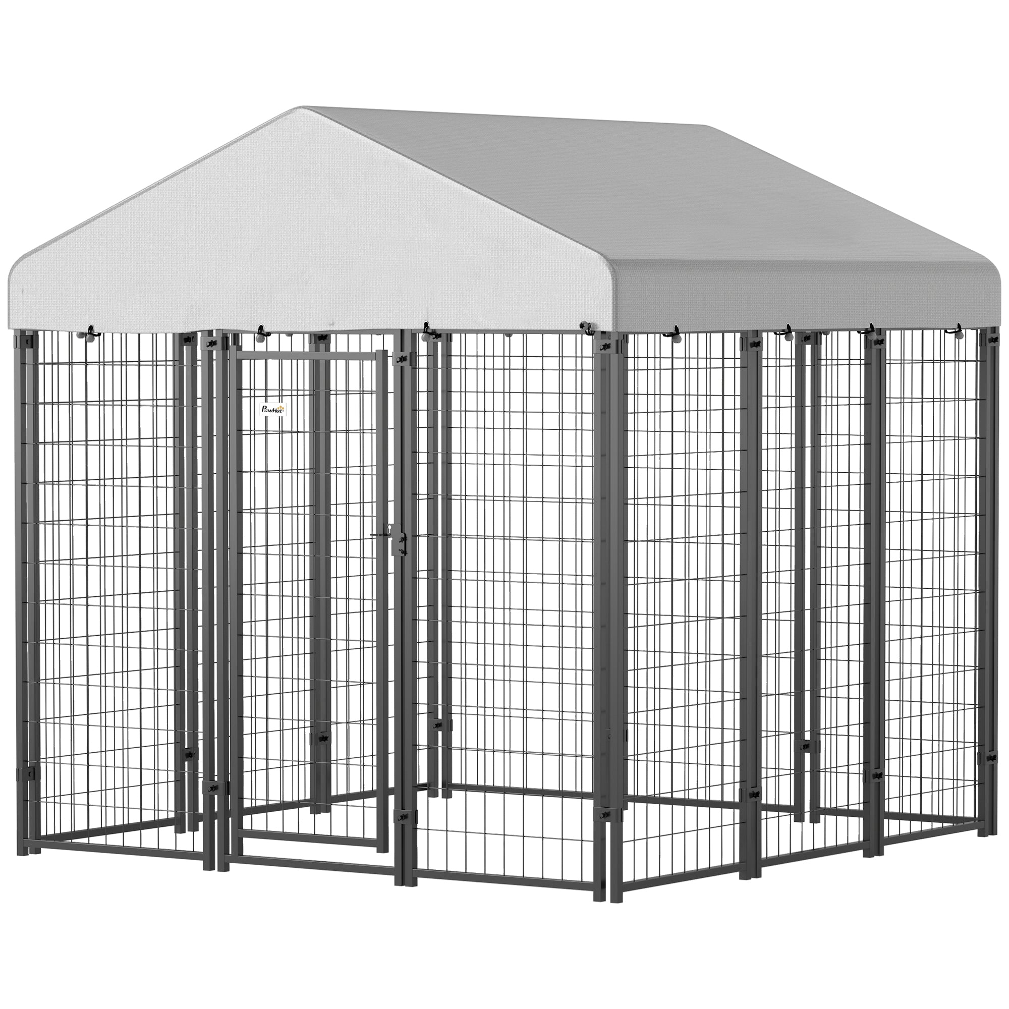 PawHut 6' x 6' x 6' Outdoor Dog Kennel, Lockable Dog Run Crate with Waterproof UV-Resistant Cover, Welded Wire Steel Fence for Large and Medium Dogs, Silver