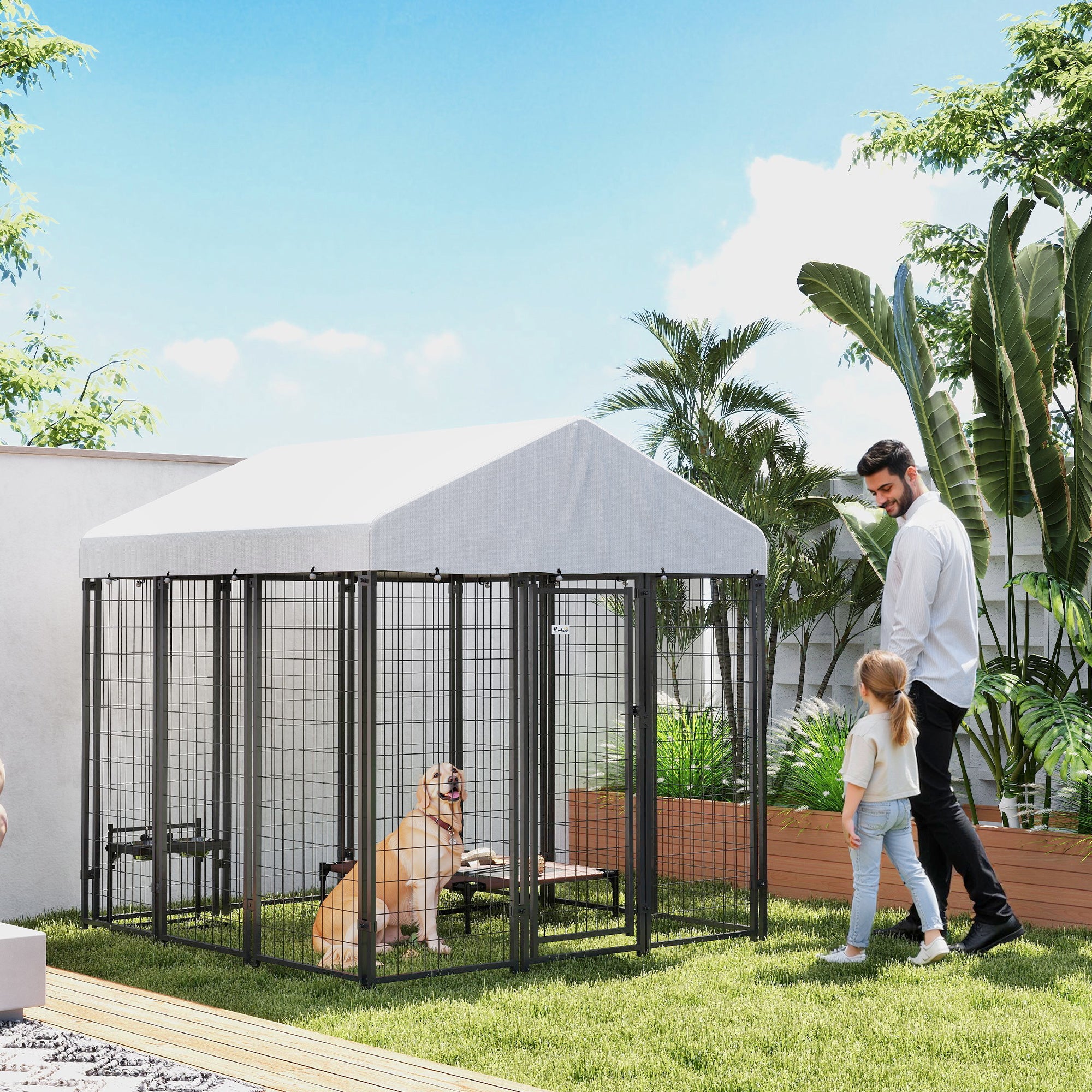 PawHut 6' x 6' x 6' Outdoor Dog Kennel, Lockable Dog Run Crate with Waterproof UV-Resistant Cover, Welded Wire Steel Fence for Large and Medium Dogs, Silver