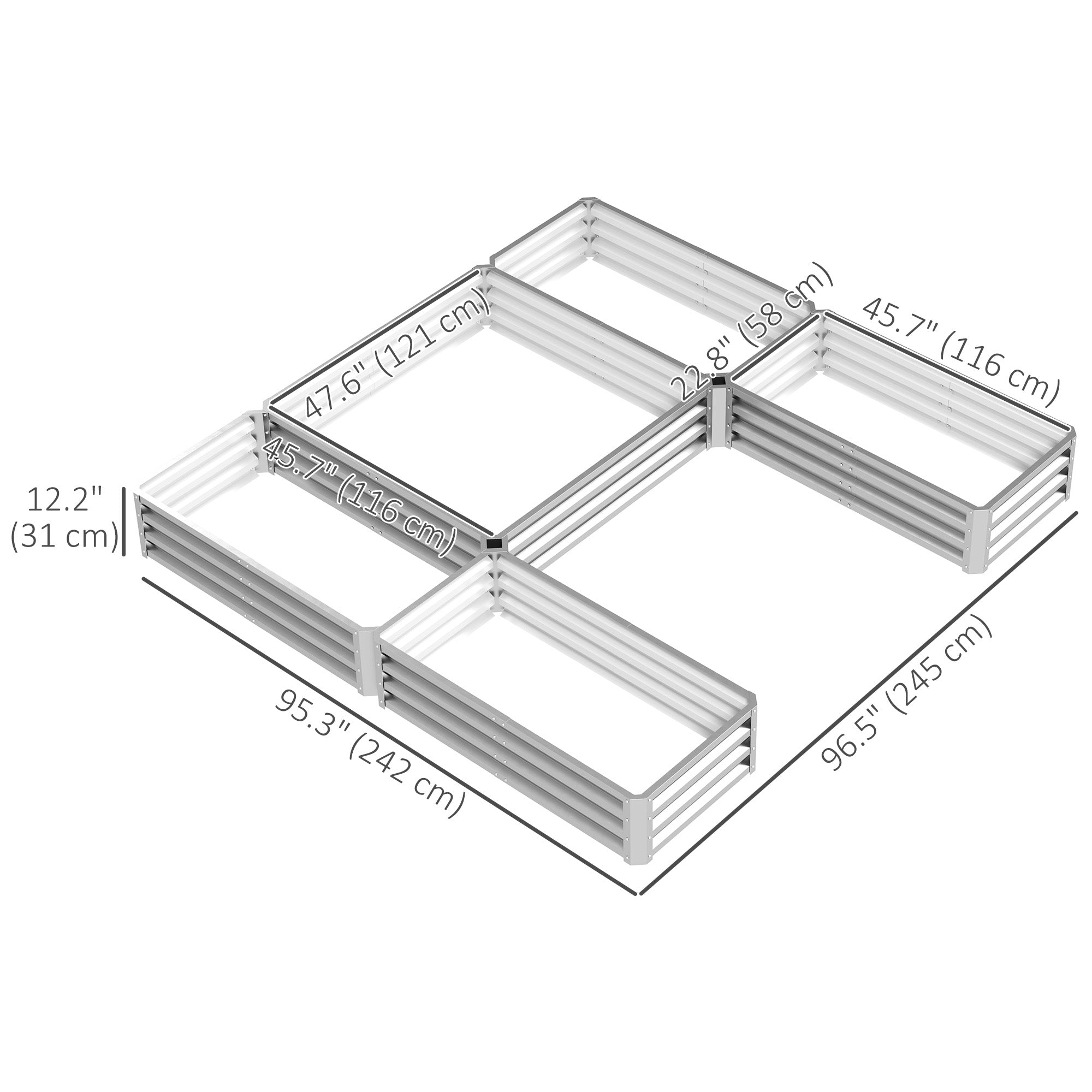 Outsunny 8 x 8ft DIY Raised Garden Bed, Set of 5 Large Steel Box Planters for Outdoor Plants, Vegetables, Flowers, Herbs, Easy Assembly, Silver