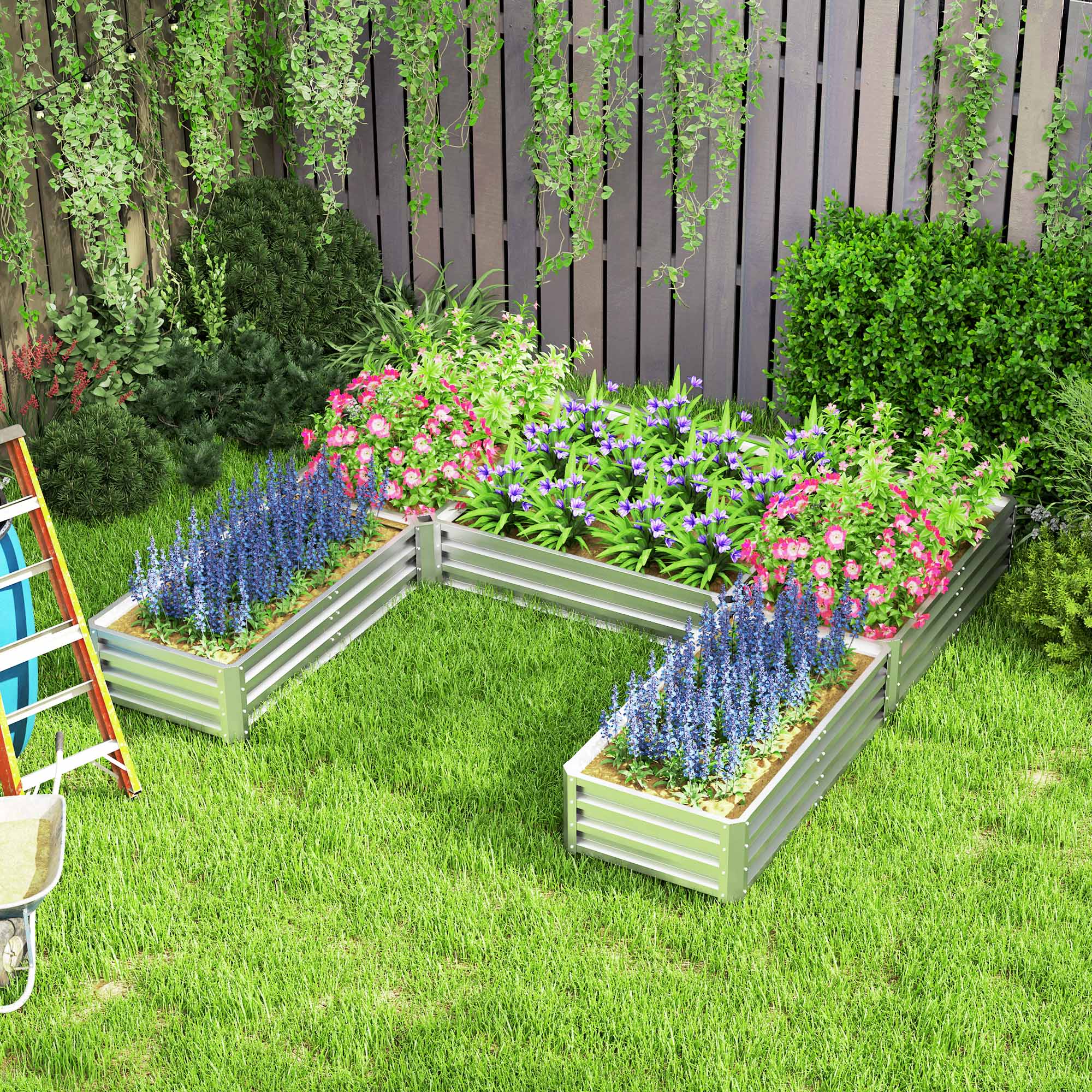 Outsunny 8 x 8ft DIY Raised Garden Bed, Set of 5 Large Steel Box Planters for Outdoor Plants, Vegetables, Flowers, Herbs, Easy Assembly, Silver