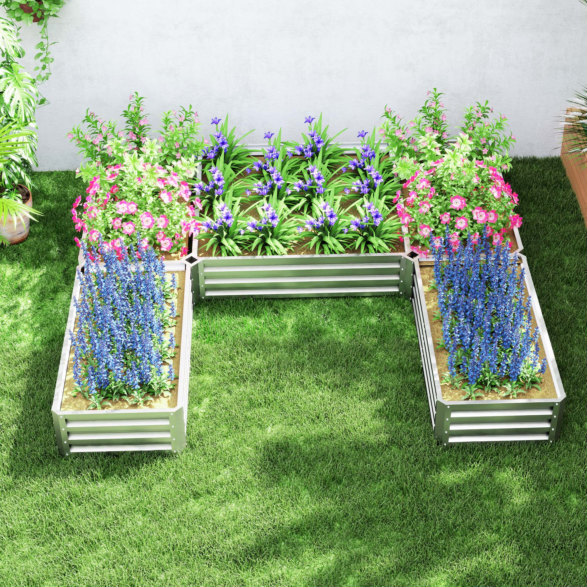 Outsunny 8 x 8ft DIY Raised Garden Bed, Set of 5 Large Steel Box Planters for Outdoor Plants, Vegetables, Flowers, Herbs, Easy Assembly, Silver