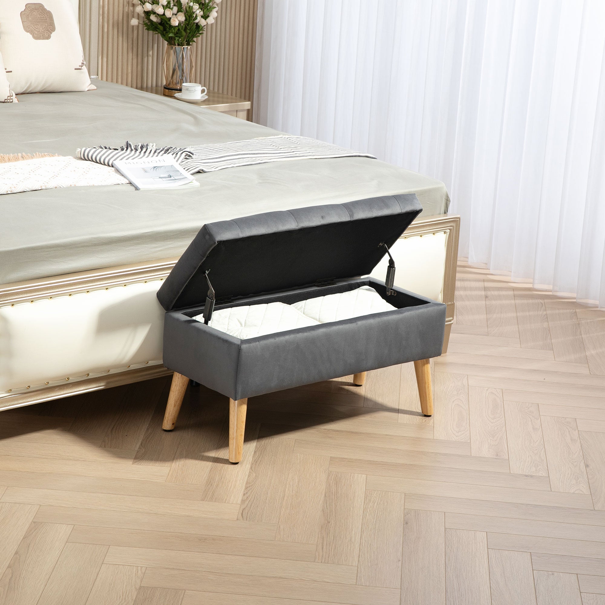 HOMCOM Storage Ottoman with Lid, Velvet Upholstered Storage Bench, Foot Stool with Wood Legs for Living Room, Bedroom, Entryway, 31.5" x 13.8" x 15.7", Charcoal Grey