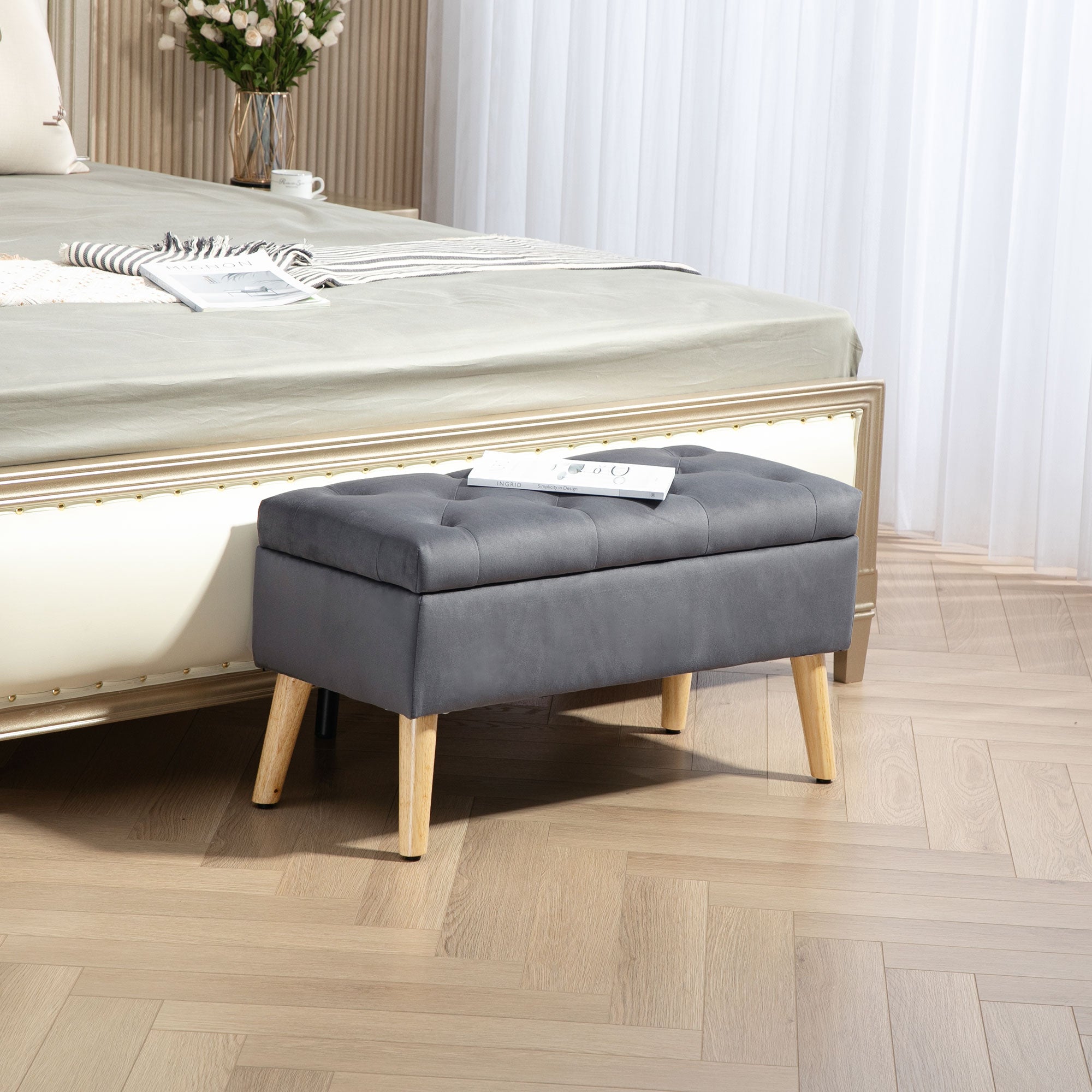 HOMCOM Storage Ottoman with Lid, Velvet Upholstered Storage Bench, Foot Stool with Wood Legs for Living Room, Bedroom, Entryway, 31.5" x 13.8" x 15.7", Charcoal Grey