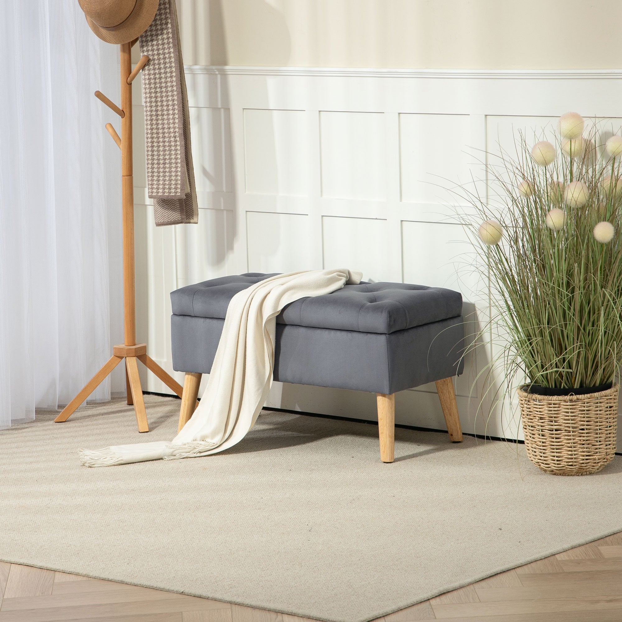 HOMCOM Storage Ottoman with Lid, Velvet Upholstered Storage Bench, Foot Stool with Wood Legs for Living Room, Bedroom, Entryway, 31.5" x 13.8" x 15.7", Charcoal Grey