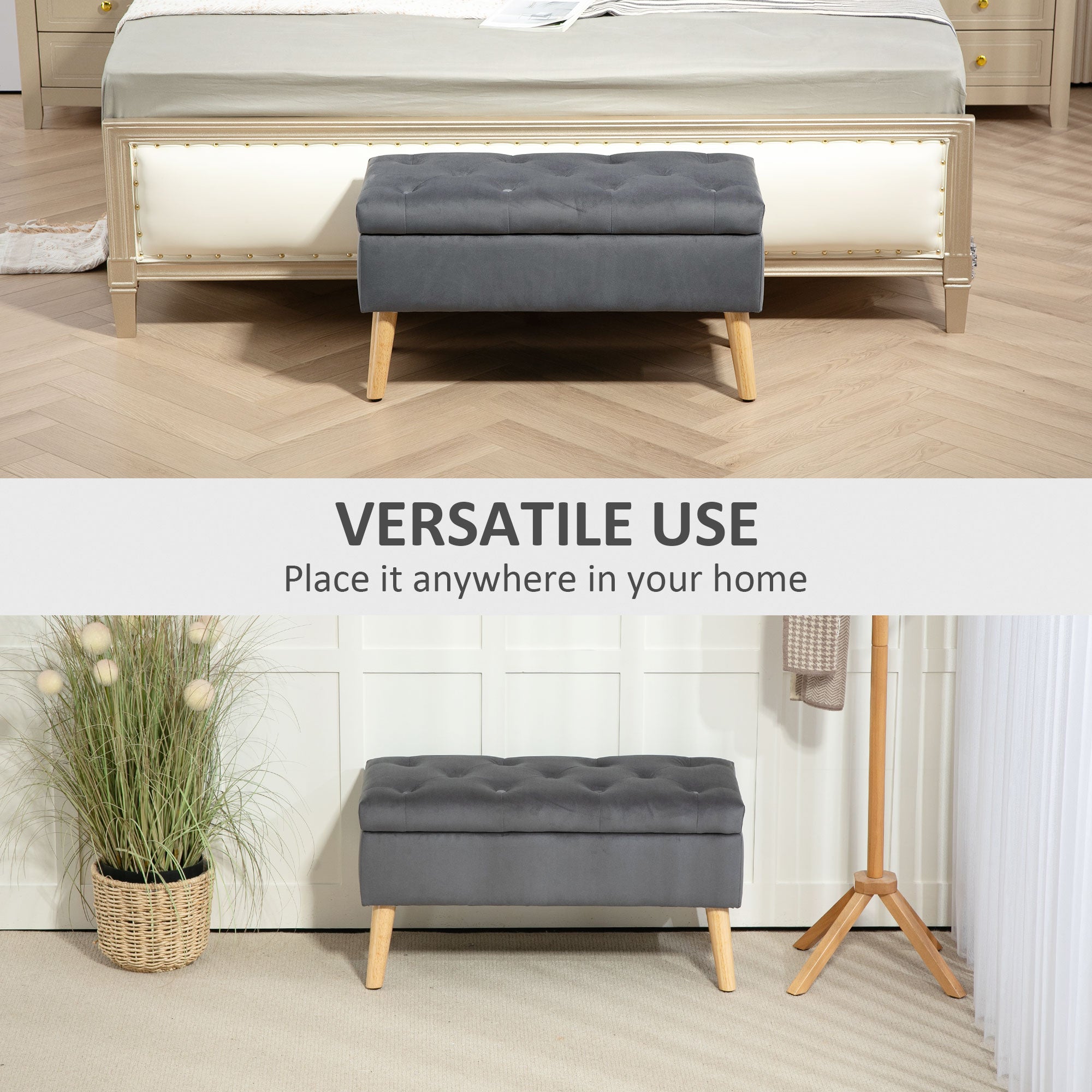 HOMCOM Storage Ottoman with Lid, Velvet Upholstered Storage Bench, Foot Stool with Wood Legs for Living Room, Bedroom, Entryway, 31.5" x 13.8" x 15.7", Charcoal Grey