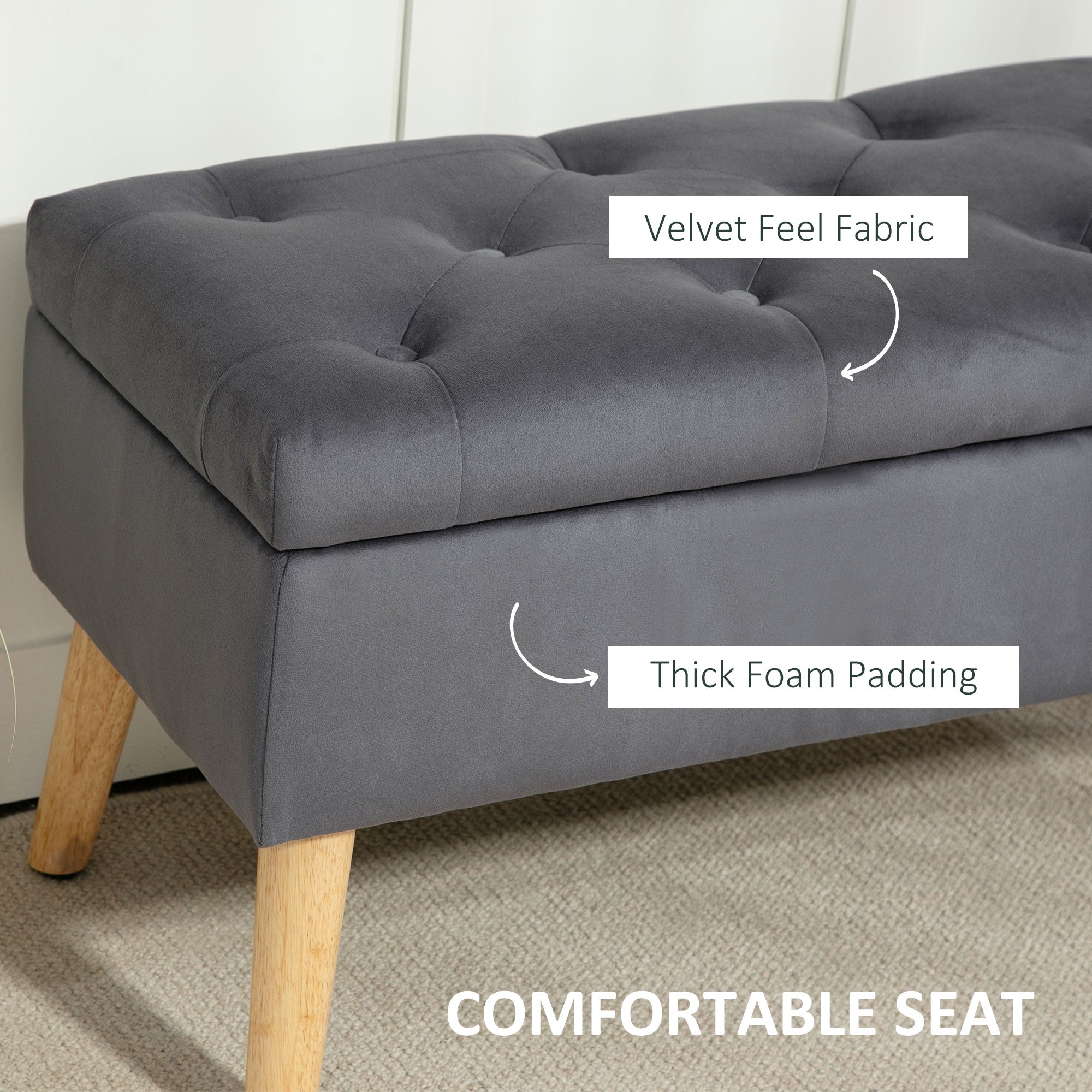 HOMCOM Storage Ottoman with Lid, Velvet Upholstered Storage Bench, Foot Stool with Wood Legs for Living Room, Bedroom, Entryway, 31.5" x 13.8" x 15.7", Charcoal Grey