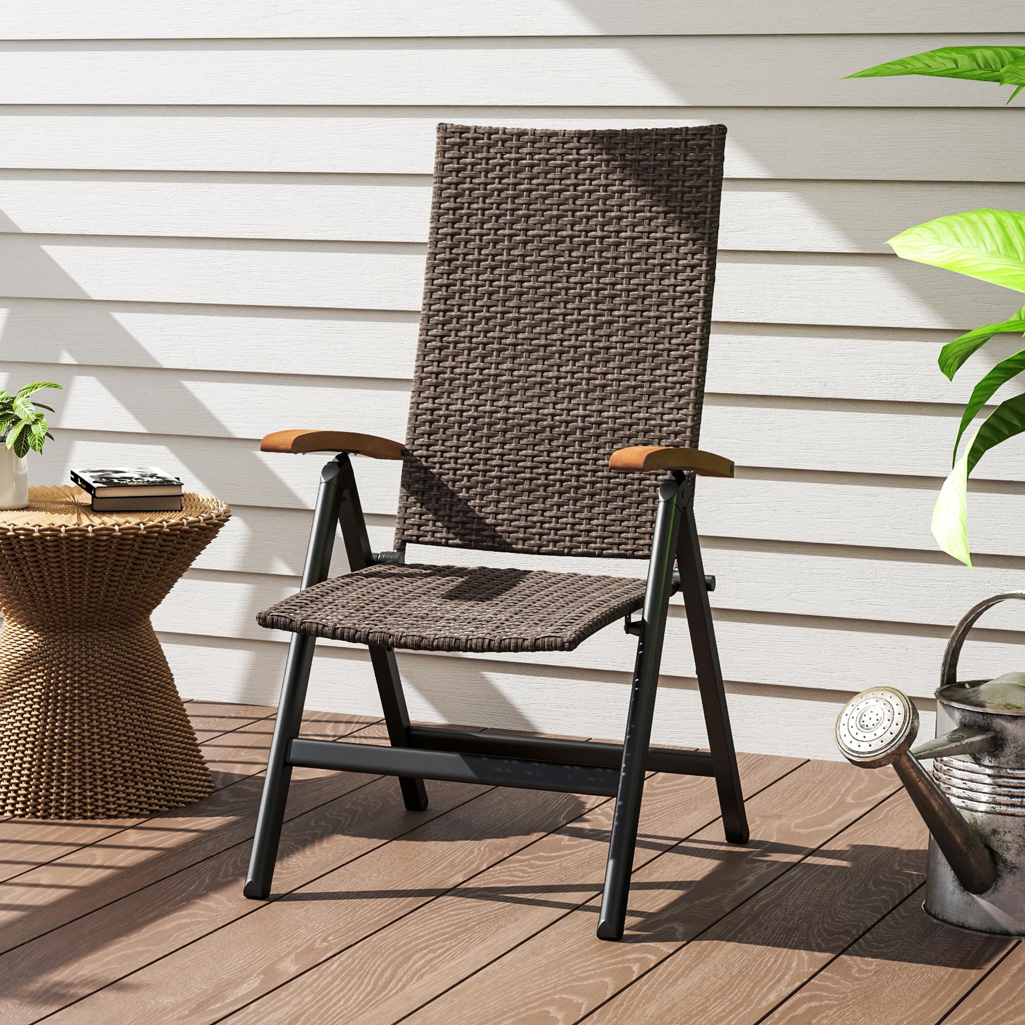 Outsunny Folding Wicker Dining Chair, PE Rattan Patio Dining Chair Outdoor with Steel Frame, Armrest, Backrest for Garden, Backyard, Porch, Brown