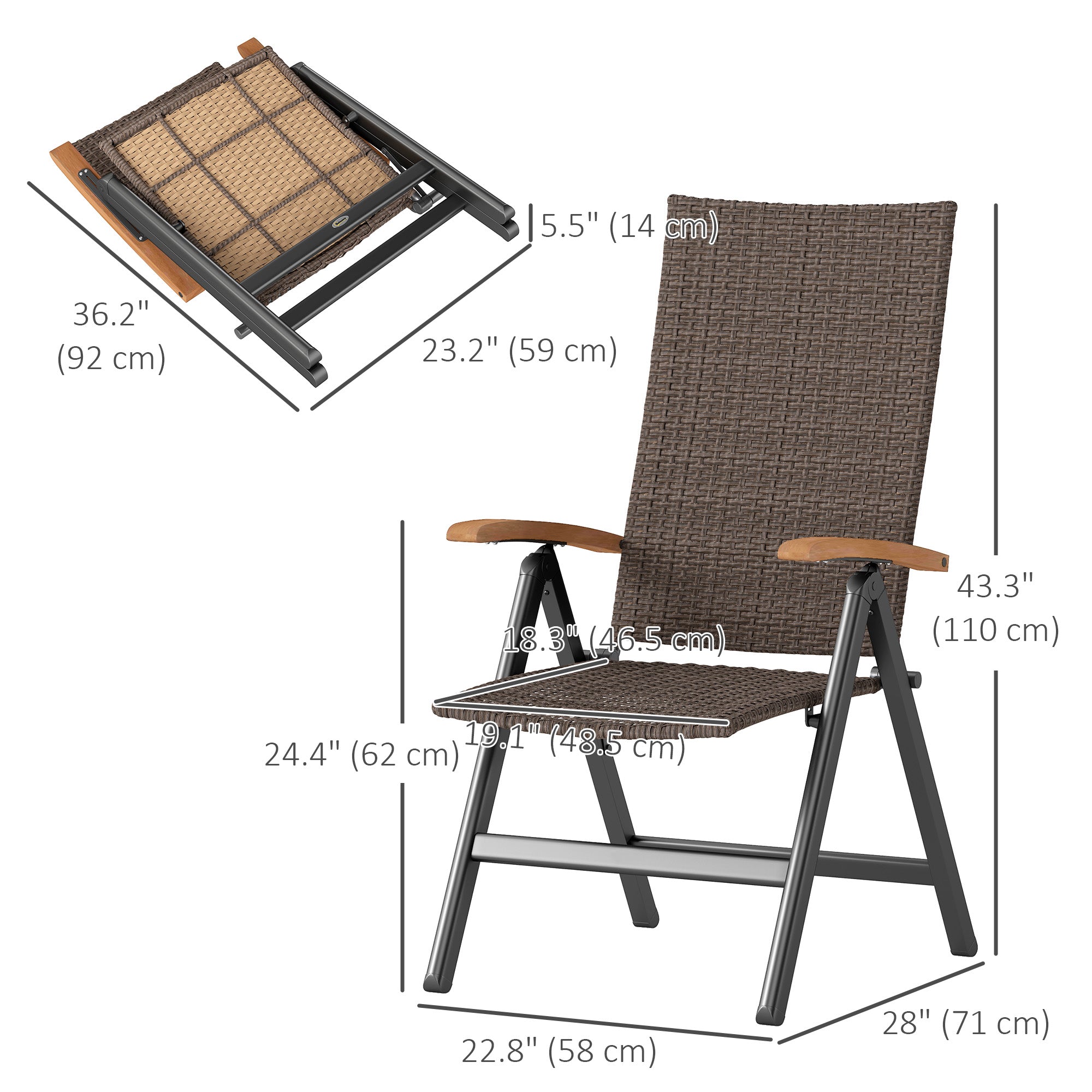 Outsunny Folding Wicker Dining Chair, PE Rattan Patio Dining Chair Outdoor with Steel Frame, Armrest, Backrest for Garden, Backyard, Porch, Brown