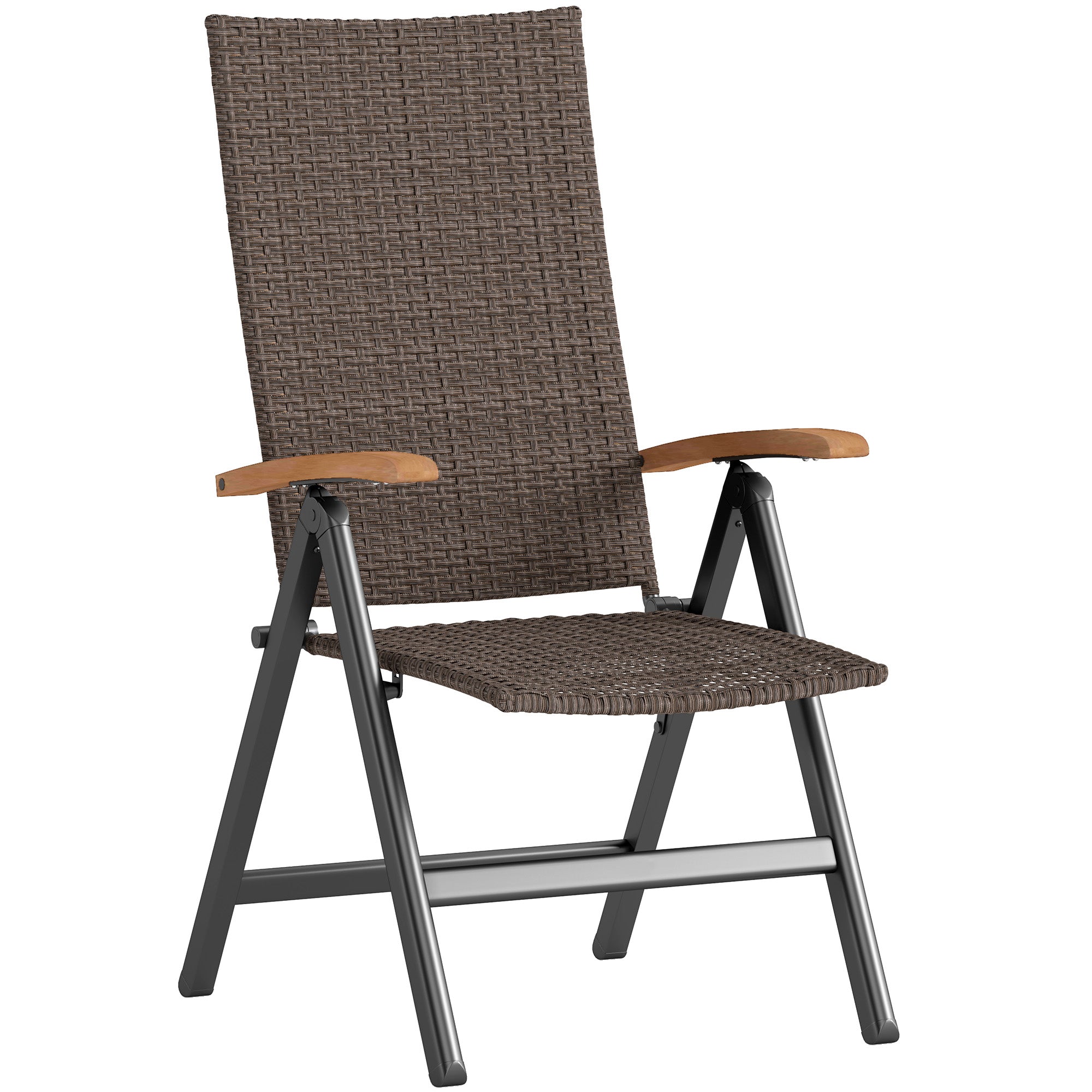 Outsunny Folding Wicker Dining Chair, PE Rattan Patio Dining Chair Outdoor with Steel Frame, Armrest, Backrest for Garden, Backyard, Porch, Brown