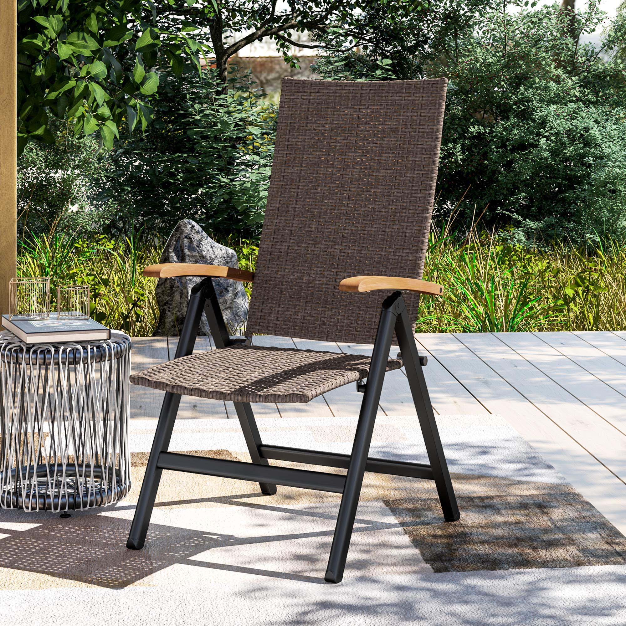 Outsunny Folding Wicker Dining Chair, PE Rattan Patio Dining Chair Outdoor with Steel Frame, Armrest, Backrest for Garden, Backyard, Porch, Brown