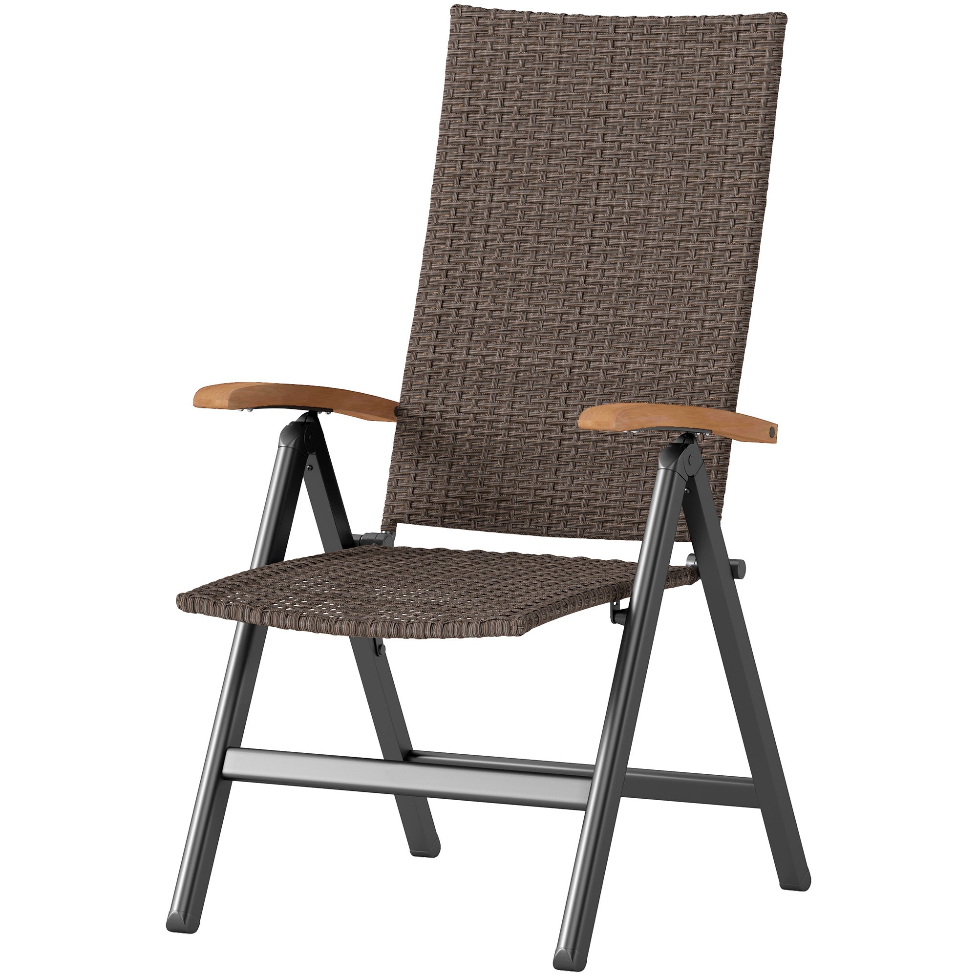 Outsunny Folding Wicker Dining Chair, PE Rattan Patio Dining Chair Outdoor with Steel Frame, Armrest, Backrest for Garden, Backyard, Porch, Brown