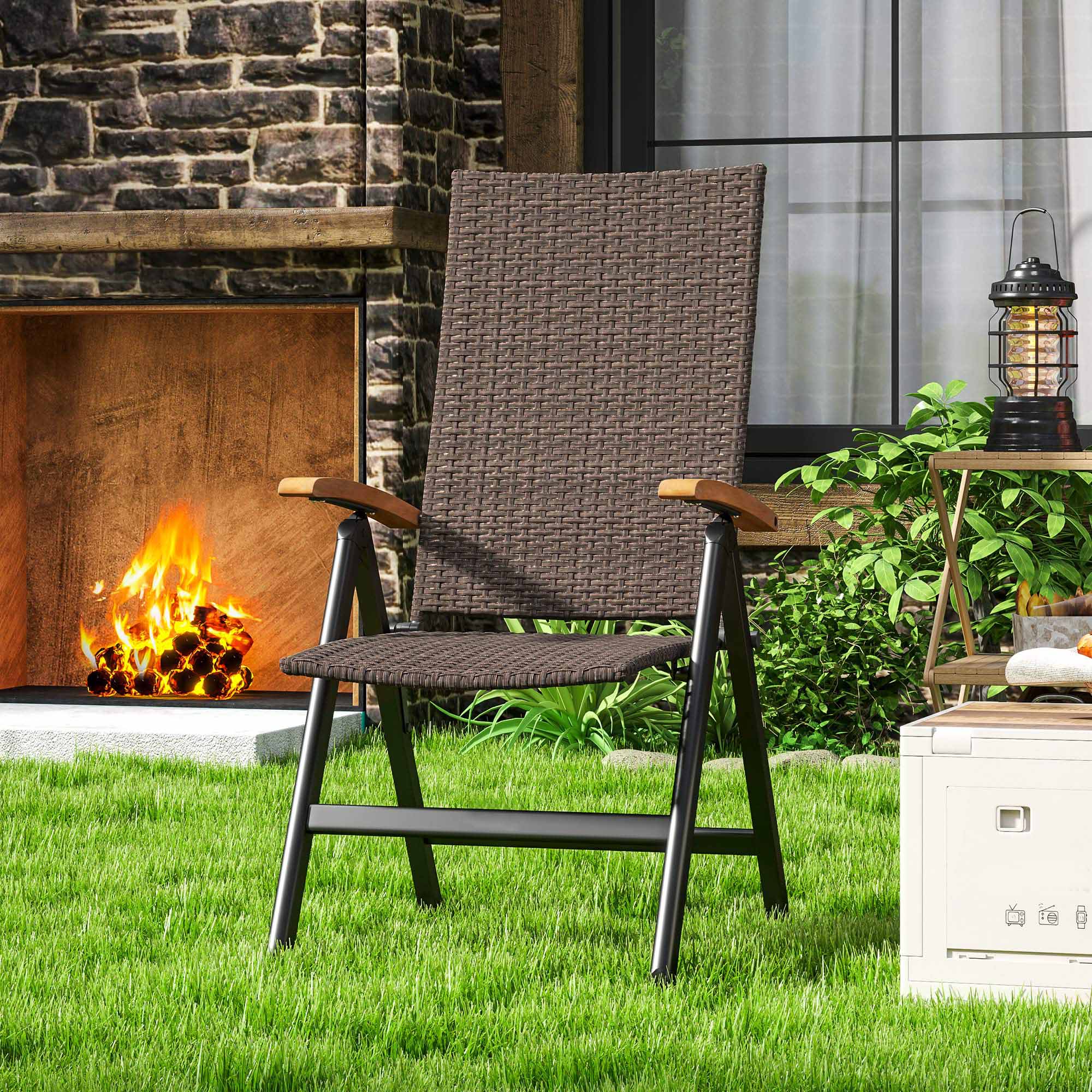 Outsunny Folding Wicker Dining Chair, PE Rattan Patio Dining Chair Outdoor with Steel Frame, Armrest, Backrest for Garden, Backyard, Porch, Brown