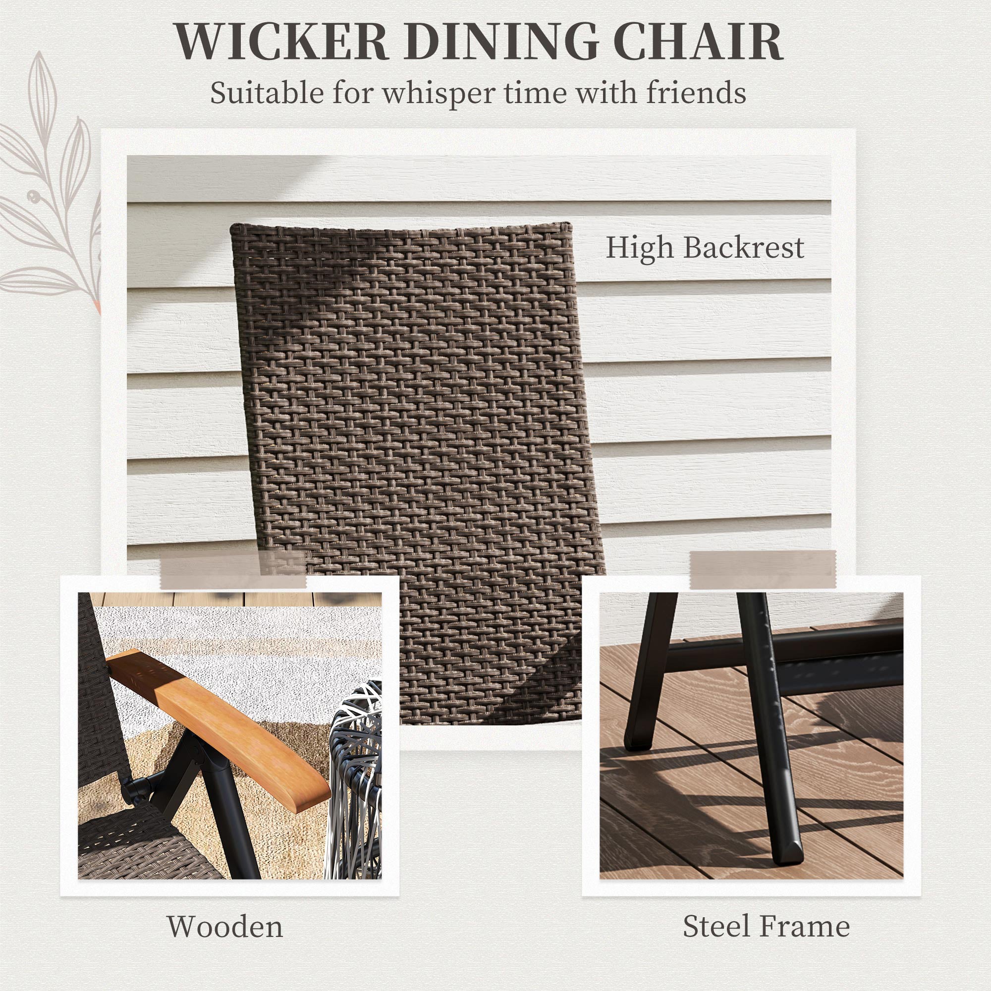 Outsunny Folding Wicker Dining Chair, PE Rattan Patio Dining Chair Outdoor with Steel Frame, Armrest, Backrest for Garden, Backyard, Porch, Brown