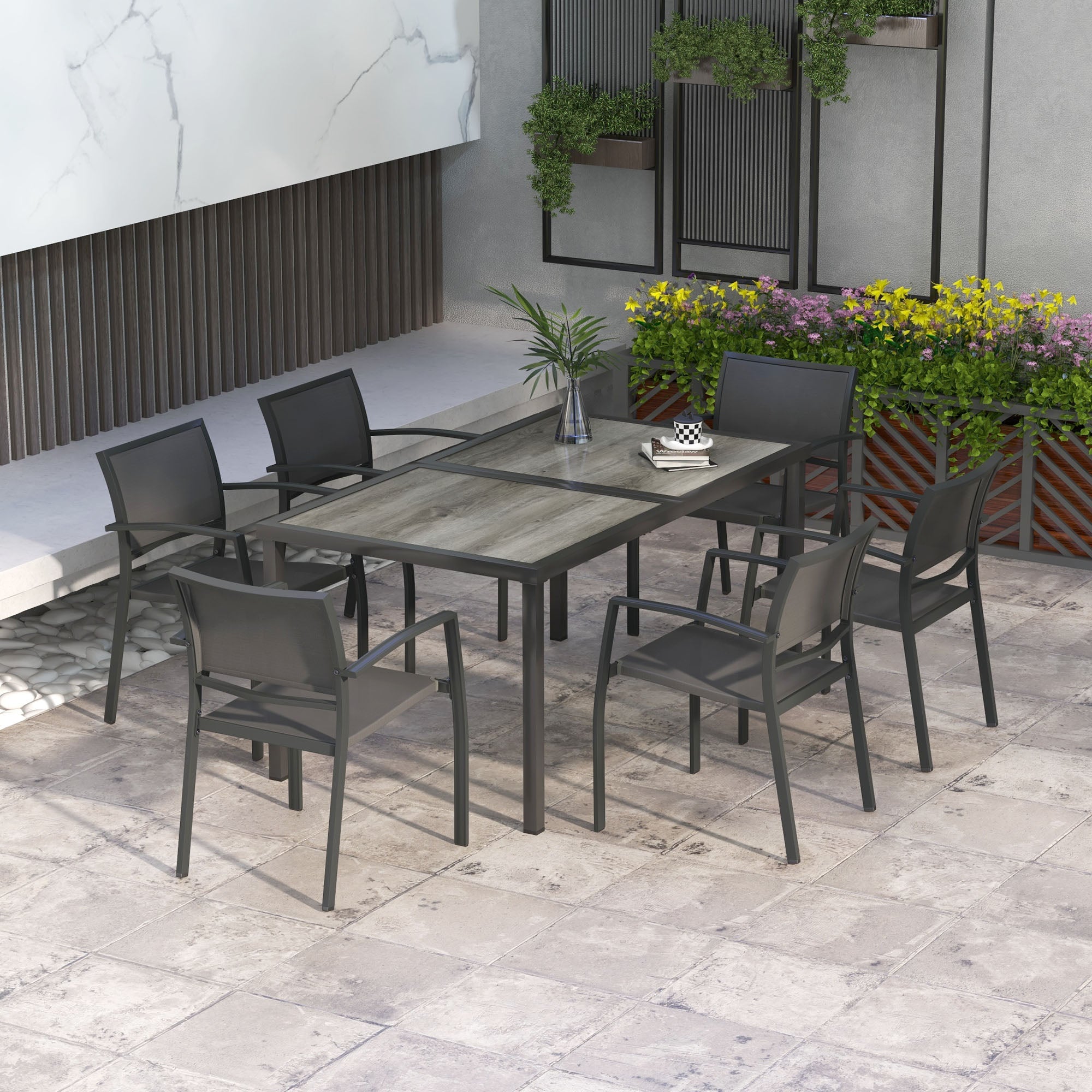 Outsunny 7 Pieces Patio Dining Set for 6 with Stackable Chairs, Outdoor Table and Chairs with Plastic Top, Breathable Mesh Seat and Back for Garden, Patio, Backyard, Grey