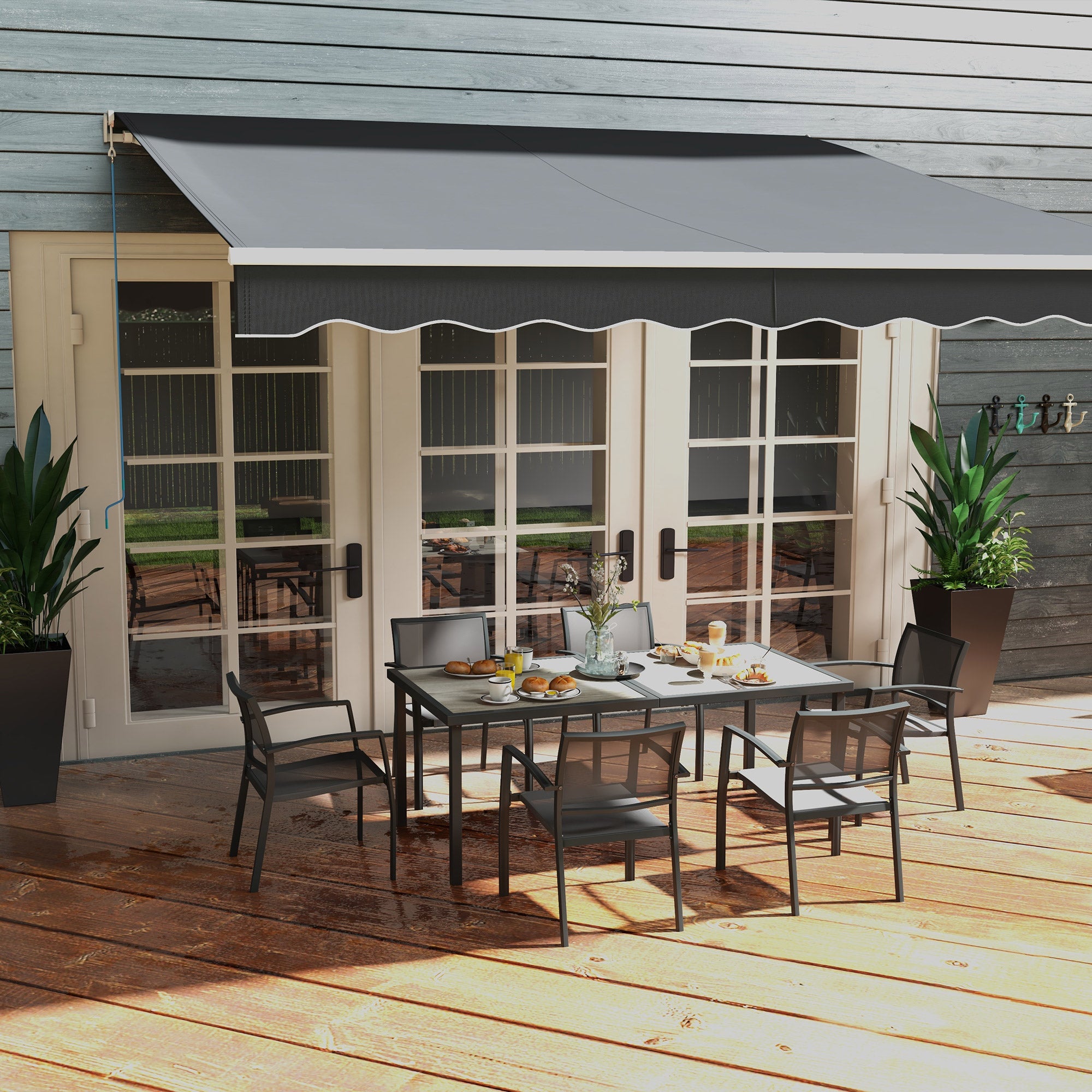 Outsunny 7 Pieces Patio Dining Set for 6 with Stackable Chairs, Outdoor Table and Chairs with Plastic Top, Breathable Mesh Seat and Back for Garden, Patio, Backyard, Grey