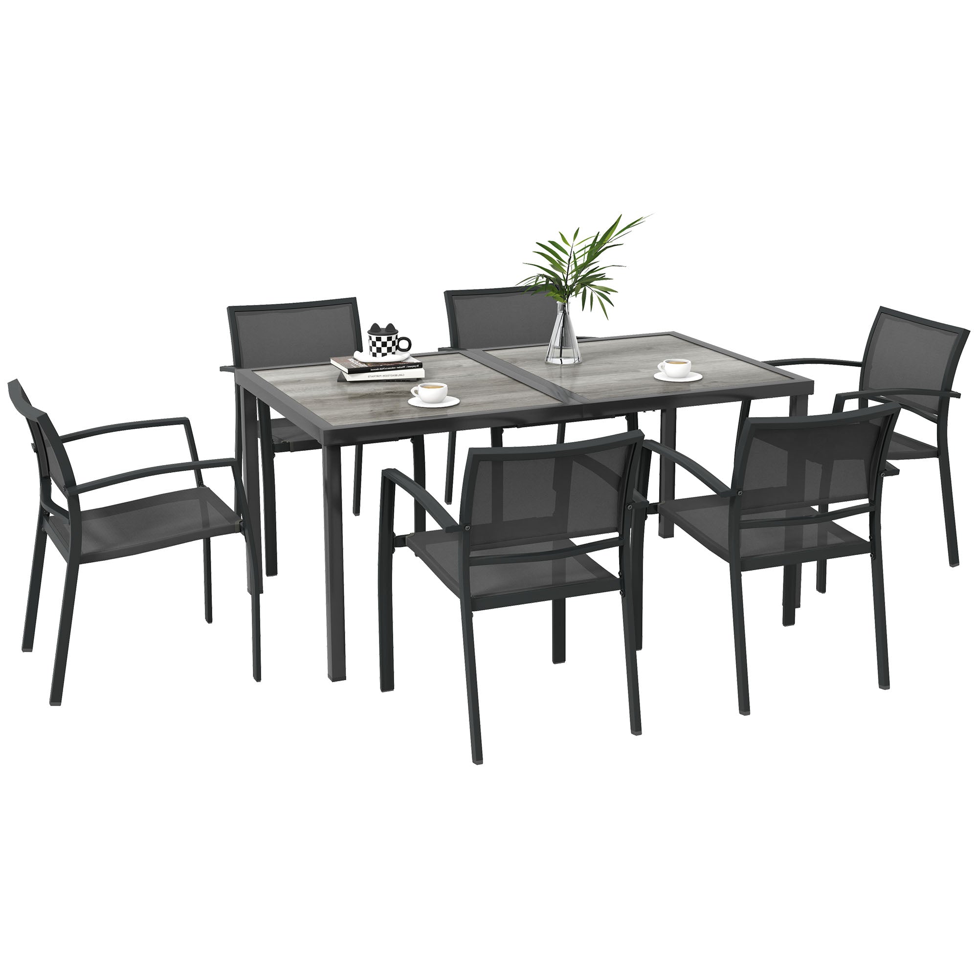 Outsunny 7 Pieces Patio Dining Set for 6 with Stackable Chairs, Outdoor Table and Chairs with Plastic Top, Breathable Mesh Seat and Back for Garden, Patio, Backyard, Grey