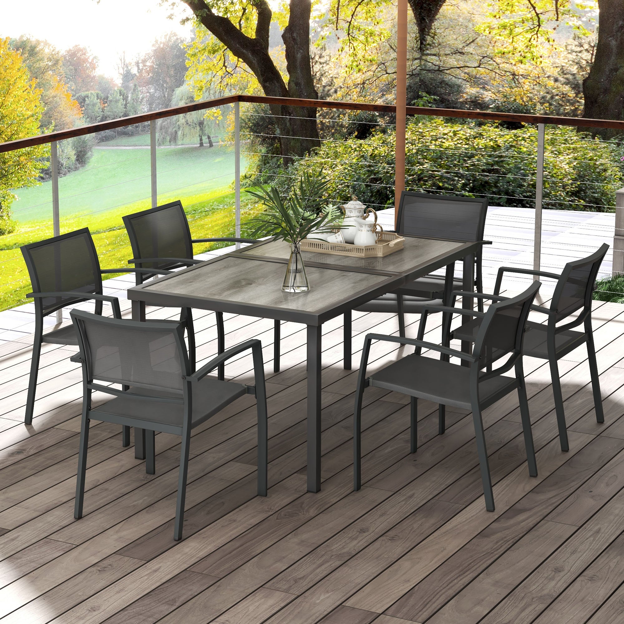 Outsunny 7 Pieces Patio Dining Set for 6 with Stackable Chairs, Outdoor Table and Chairs with Plastic Top, Breathable Mesh Seat and Back for Garden, Patio, Backyard, Grey
