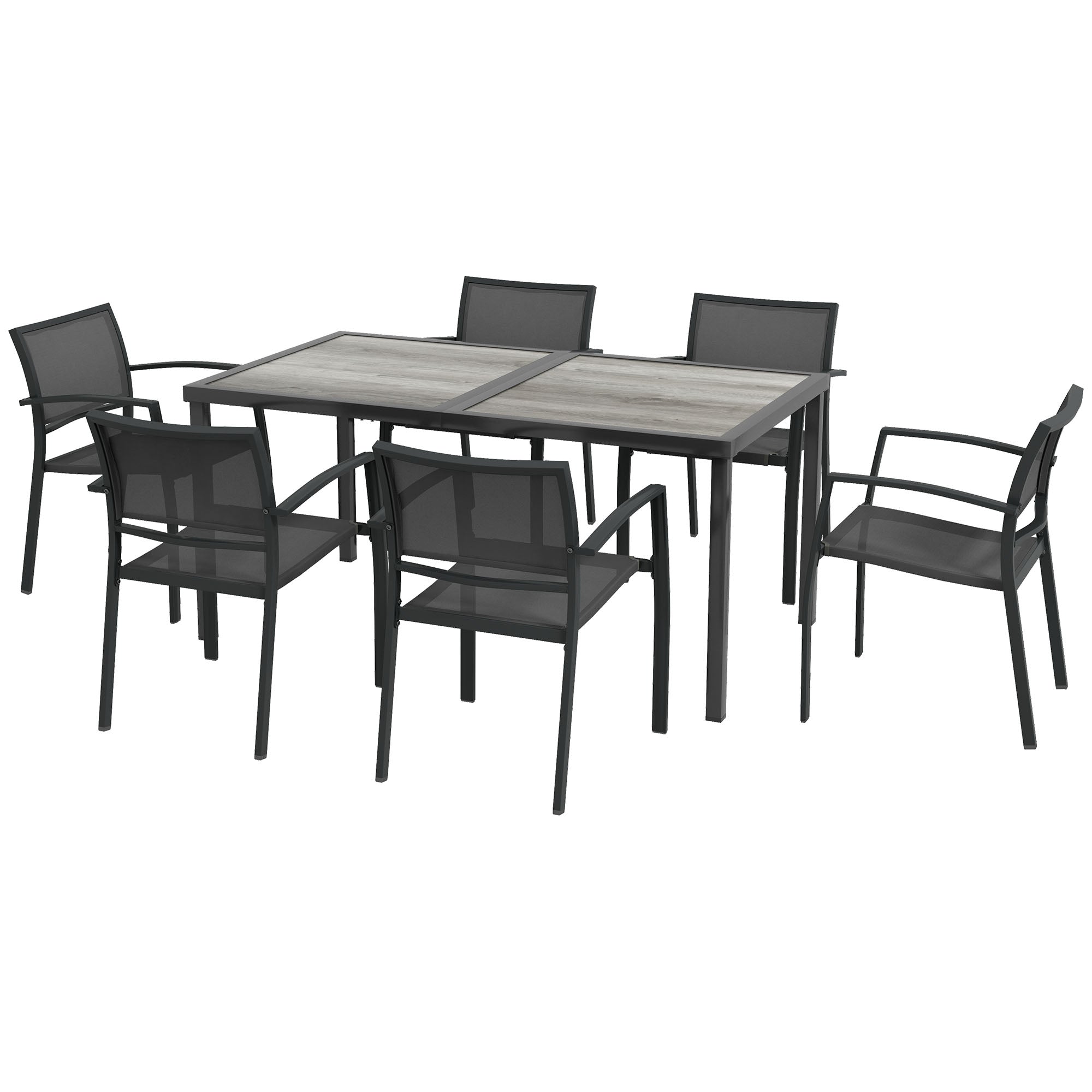 Outsunny 7 Pieces Patio Dining Set for 6 with Stackable Chairs, Outdoor Table and Chairs with Plastic Top, Breathable Mesh Seat and Back for Garden, Patio, Backyard, Grey
