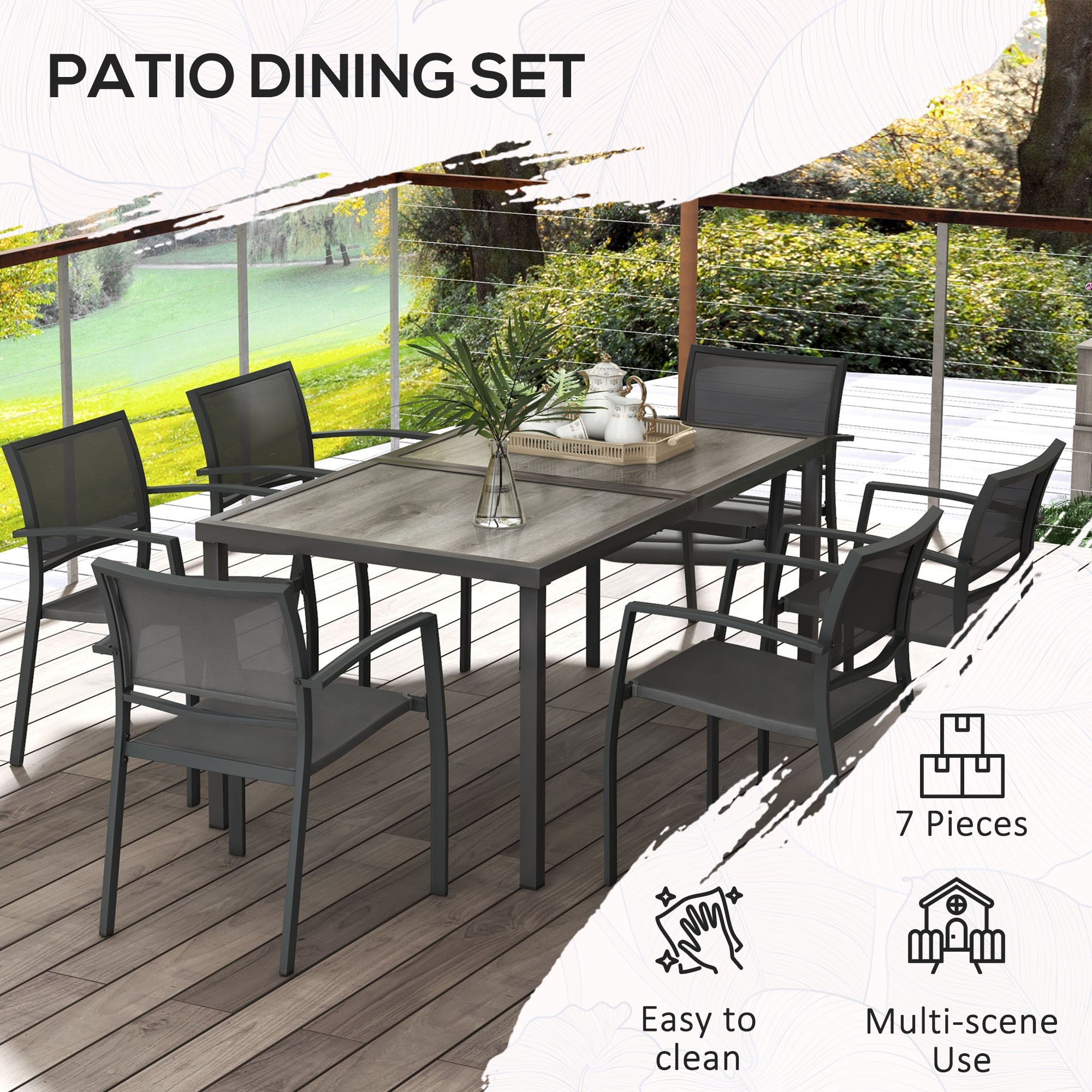 Outsunny 7 Pieces Patio Dining Set for 6 with Stackable Chairs, Outdoor Table and Chairs with Plastic Top, Breathable Mesh Seat and Back for Garden, Patio, Backyard, Grey