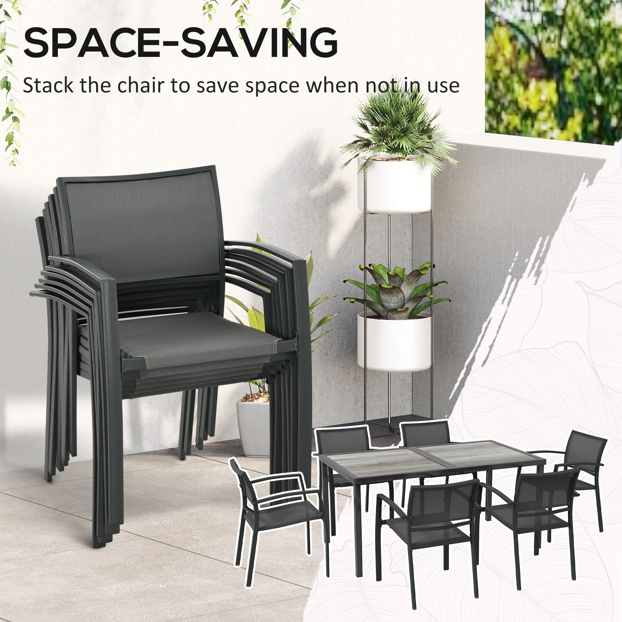 Outsunny 7 Pieces Patio Dining Set for 6 with Stackable Chairs, Outdoor Table and Chairs with Plastic Top, Breathable Mesh Seat and Back for Garden, Patio, Backyard, Grey