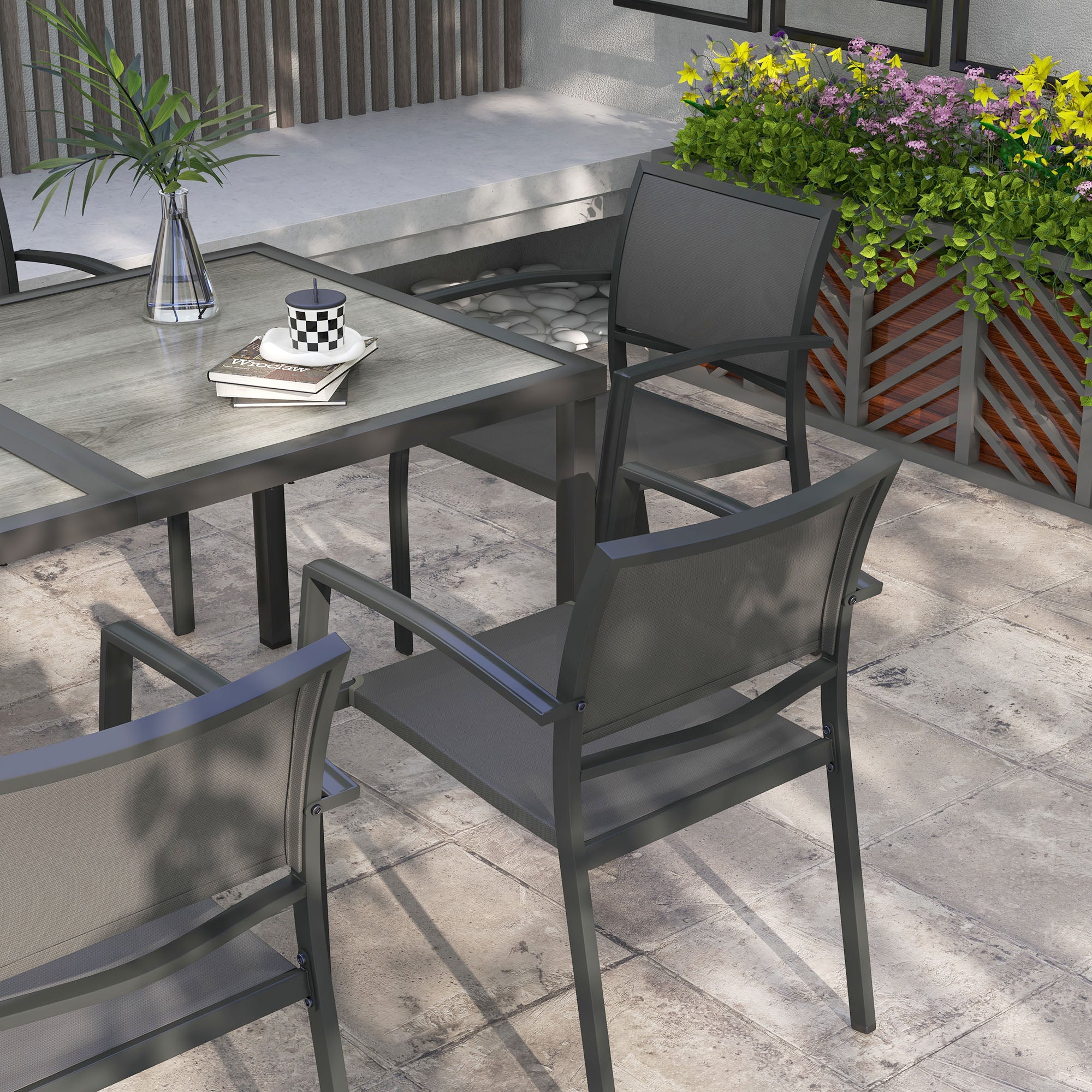 Outsunny 7 Pieces Patio Dining Set for 6 with Stackable Chairs, Outdoor Table and Chairs with Plastic Top, Breathable Mesh Seat and Back for Garden, Patio, Backyard, Grey