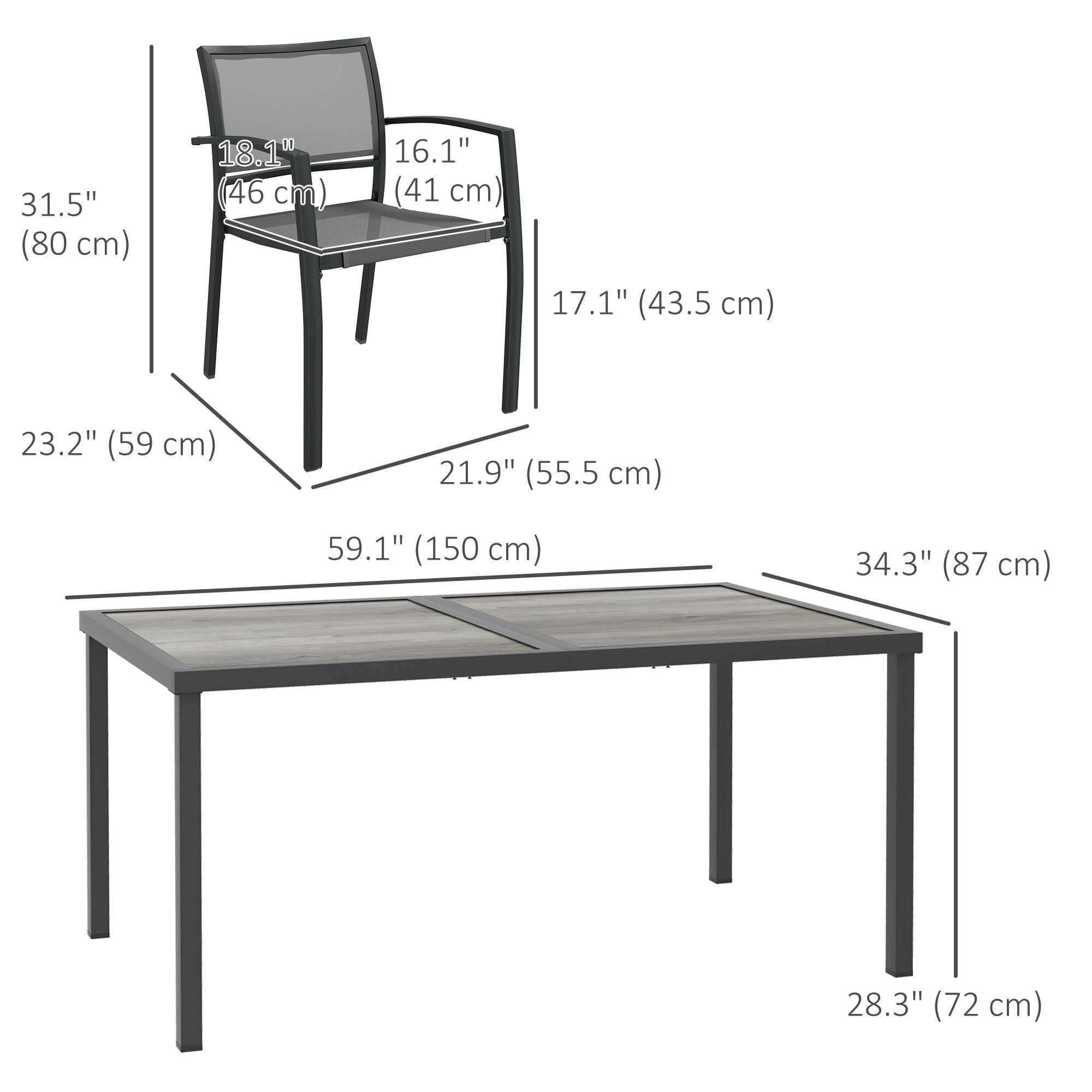 Outsunny 7 Pieces Patio Dining Set for 6 with Stackable Chairs, Outdoor Table and Chairs with Plastic Top, Breathable Mesh Seat and Back for Garden, Patio, Backyard, Grey