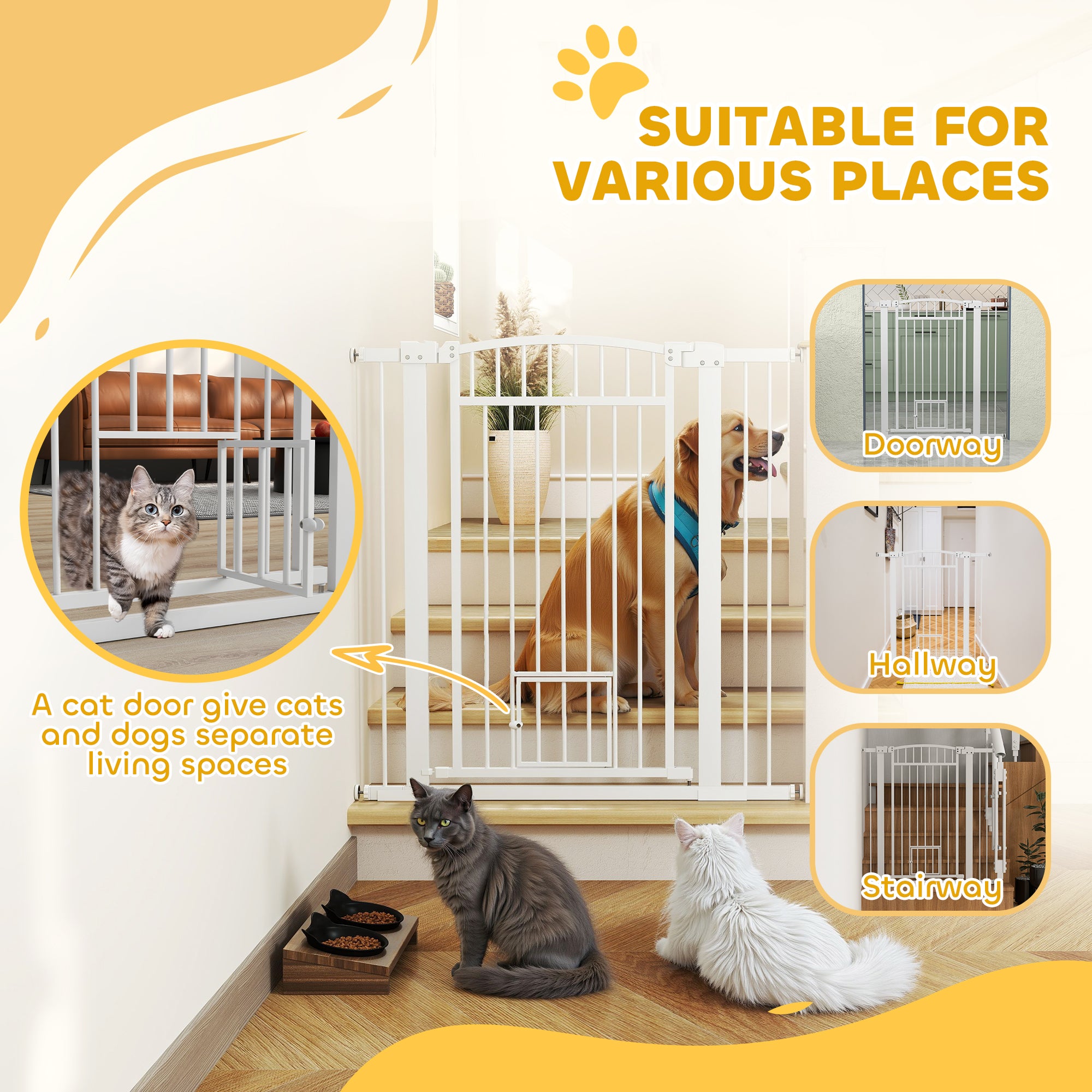 PawHut Pet Gate Indoor with Cat Door, 30"-41" Dog Gate, Extra Wide Walk Through Puppy Gate, 3-Inch and 5.5-Inch Extension Kits, Pressure or Hardware Mounted for Stairway, Doorway, Hallway, 42" High
