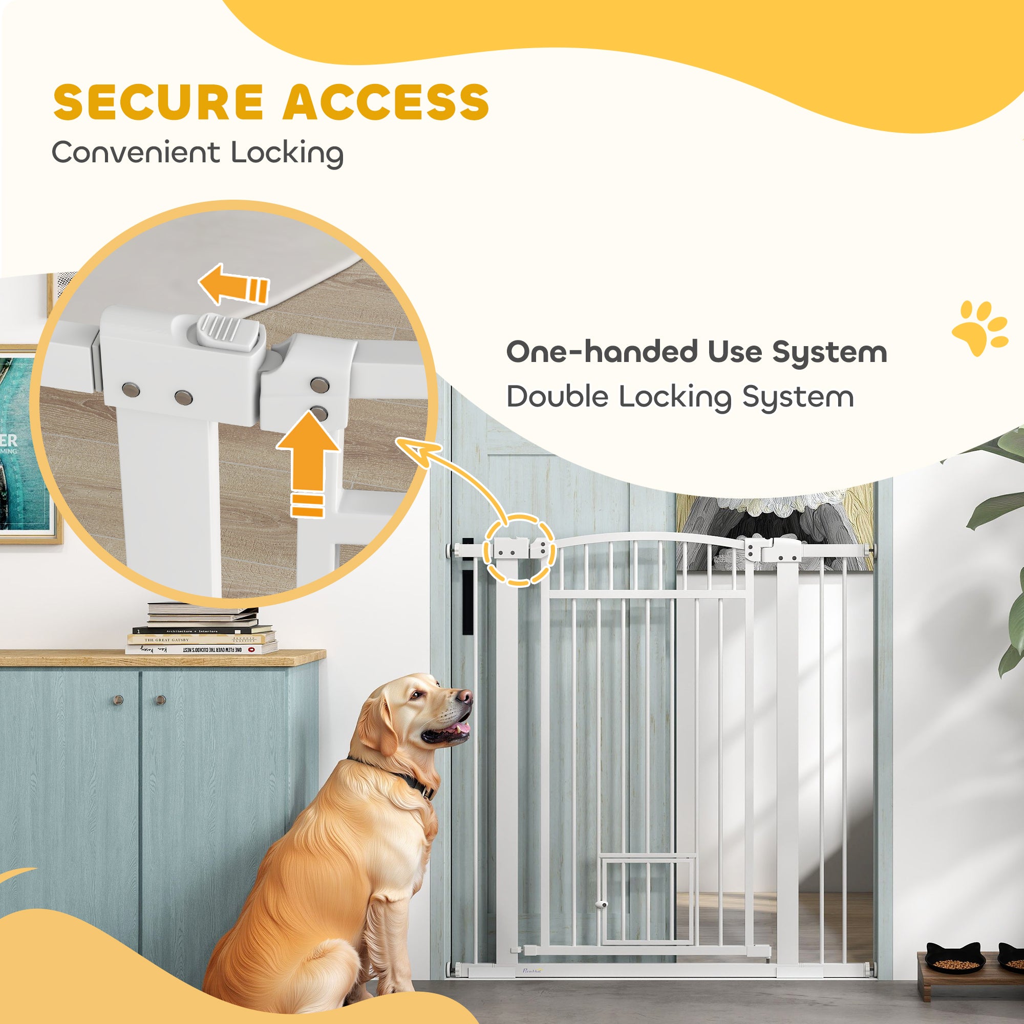 PawHut Pet Gate Indoor with Cat Door, 30"-41" Dog Gate, Extra Wide Walk Through Puppy Gate, 3-Inch and 5.5-Inch Extension Kits, Pressure or Hardware Mounted for Stairway, Doorway, Hallway, 42" High