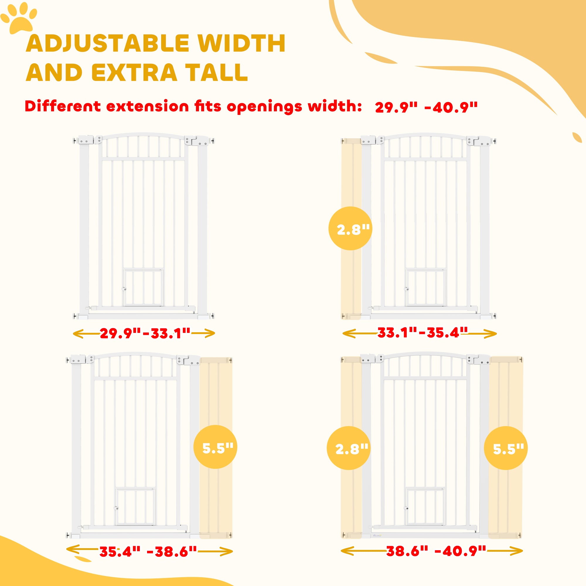 PawHut Pet Gate Indoor with Cat Door, 30"-41" Dog Gate, Extra Wide Walk Through Puppy Gate, 3-Inch and 5.5-Inch Extension Kits, Pressure or Hardware Mounted for Stairway, Doorway, Hallway, 42" High