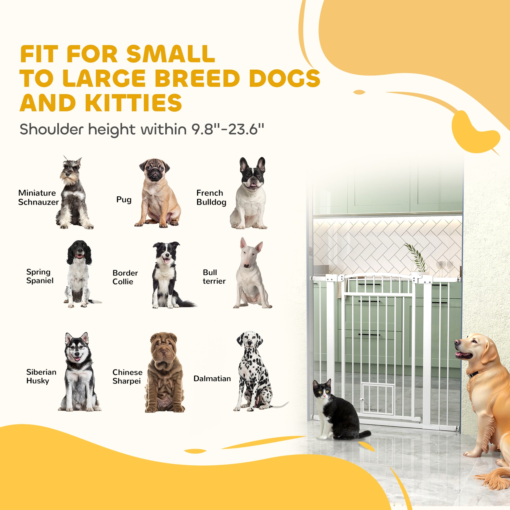 PawHut Pet Gate Indoor with Cat Door, 30"-41" Dog Gate, Extra Wide Walk Through Puppy Gate, 3-Inch and 5.5-Inch Extension Kits, Pressure or Hardware Mounted for Stairway, Doorway, Hallway, 42" High