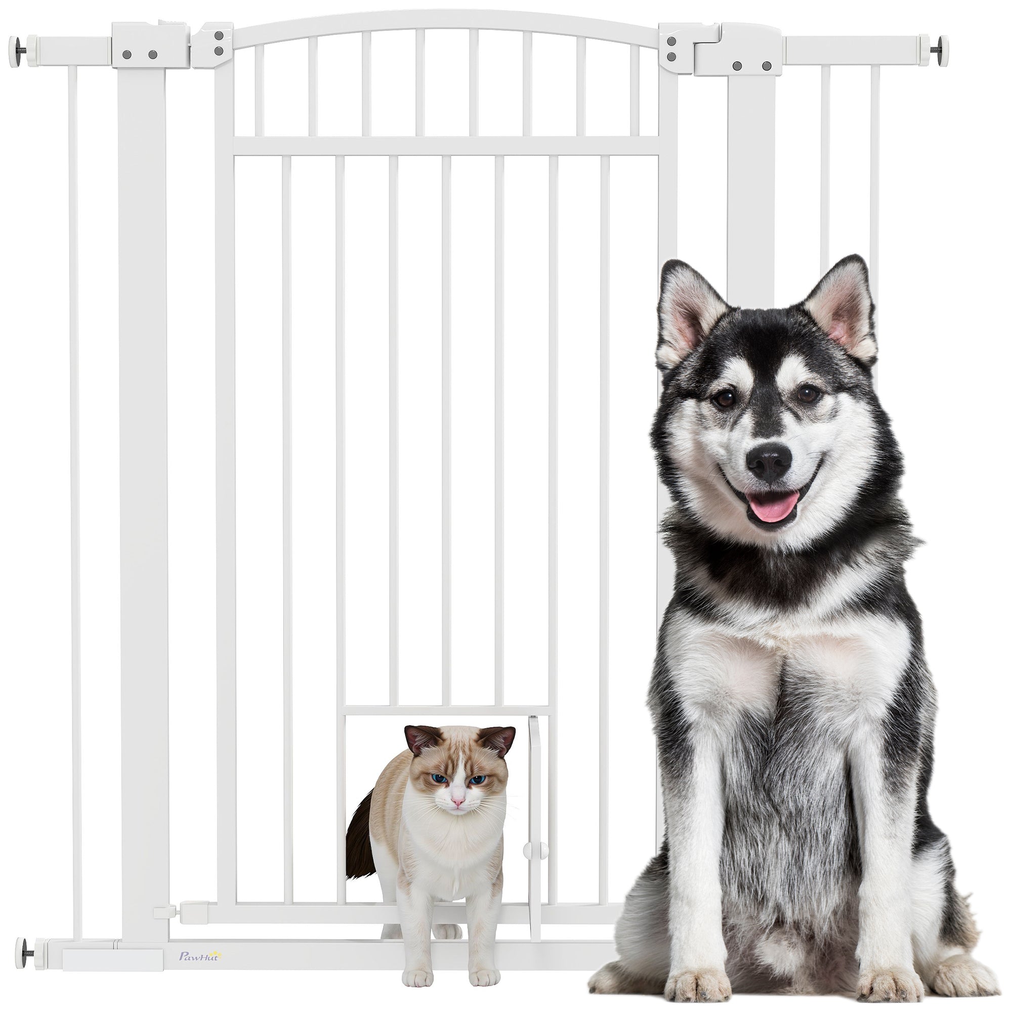PawHut Pet Gate Indoor with Cat Door, 30"-41" Dog Gate, Extra Wide Walk Through Puppy Gate, 3-Inch and 5.5-Inch Extension Kits, Pressure or Hardware Mounted for Stairway, Doorway, Hallway, 42" High