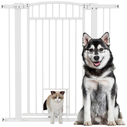 PawHut Pet Gate Indoor with Cat Door, 30"-41" Dog Gate, Extra Wide Walk Through Puppy Gate, 3-Inch and 5.5-Inch Extension Kits, Pressure or Hardware Mounted for Stairway, Doorway, Hallway, 42" High