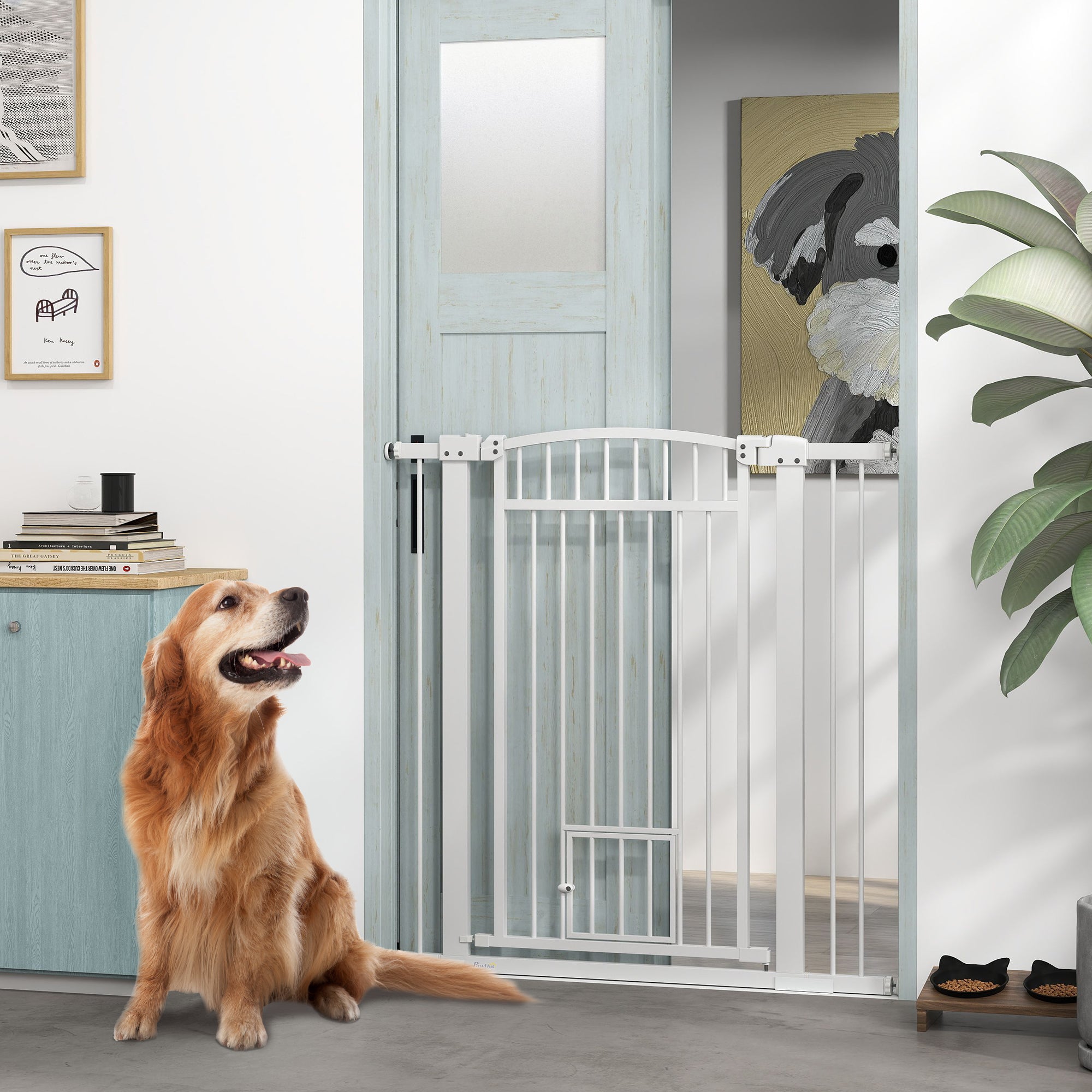 PawHut Pet Gate Indoor with Cat Door, 30"-41" Dog Gate, Extra Wide Walk Through Puppy Gate, 3-Inch and 5.5-Inch Extension Kits, Pressure or Hardware Mounted for Stairway, Doorway, Hallway, 42" High