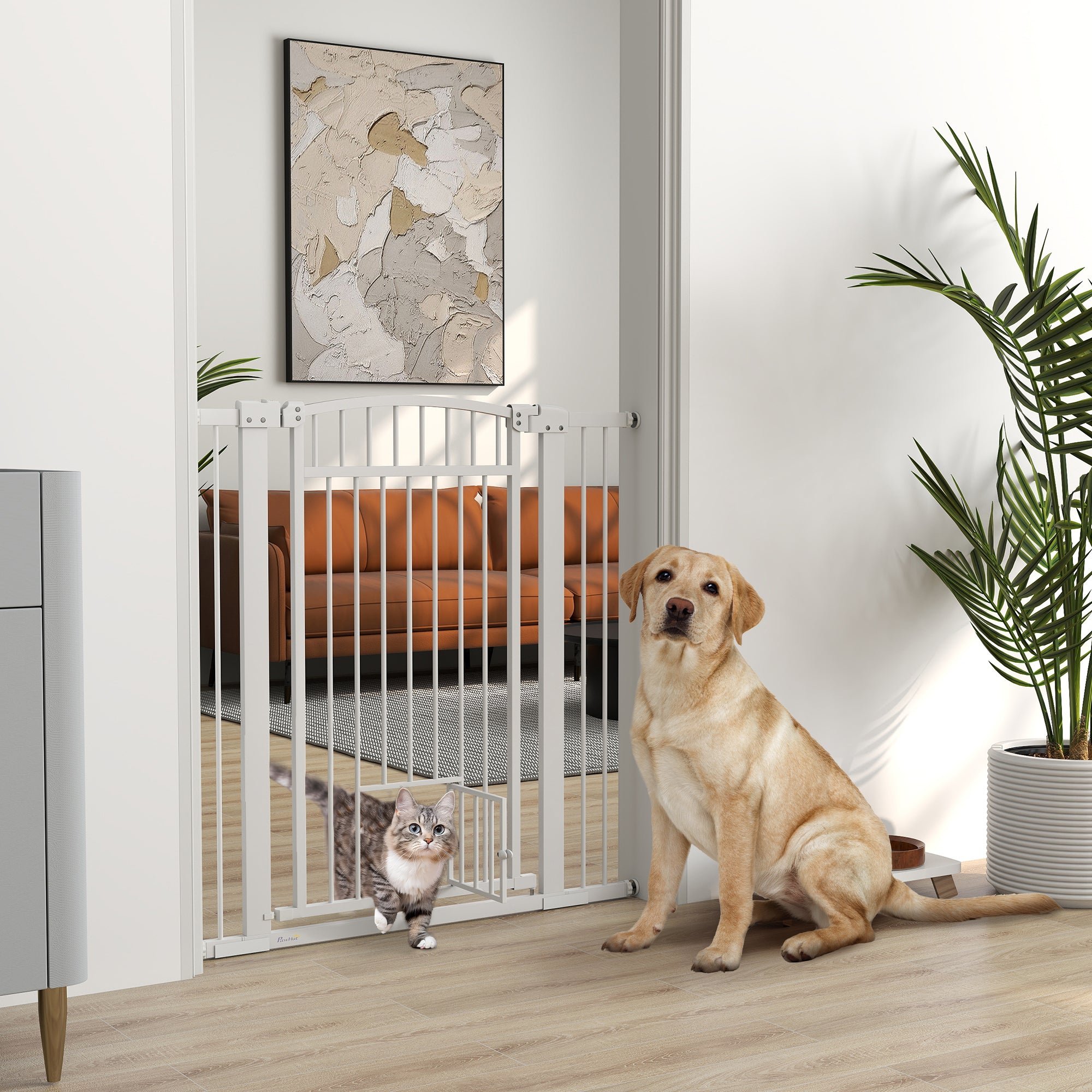 PawHut Pet Gate Indoor with Cat Door, 30"-41" Dog Gate, Extra Wide Walk Through Puppy Gate, 3-Inch and 5.5-Inch Extension Kits, Pressure or Hardware Mounted for Stairway, Doorway, Hallway, 42" High