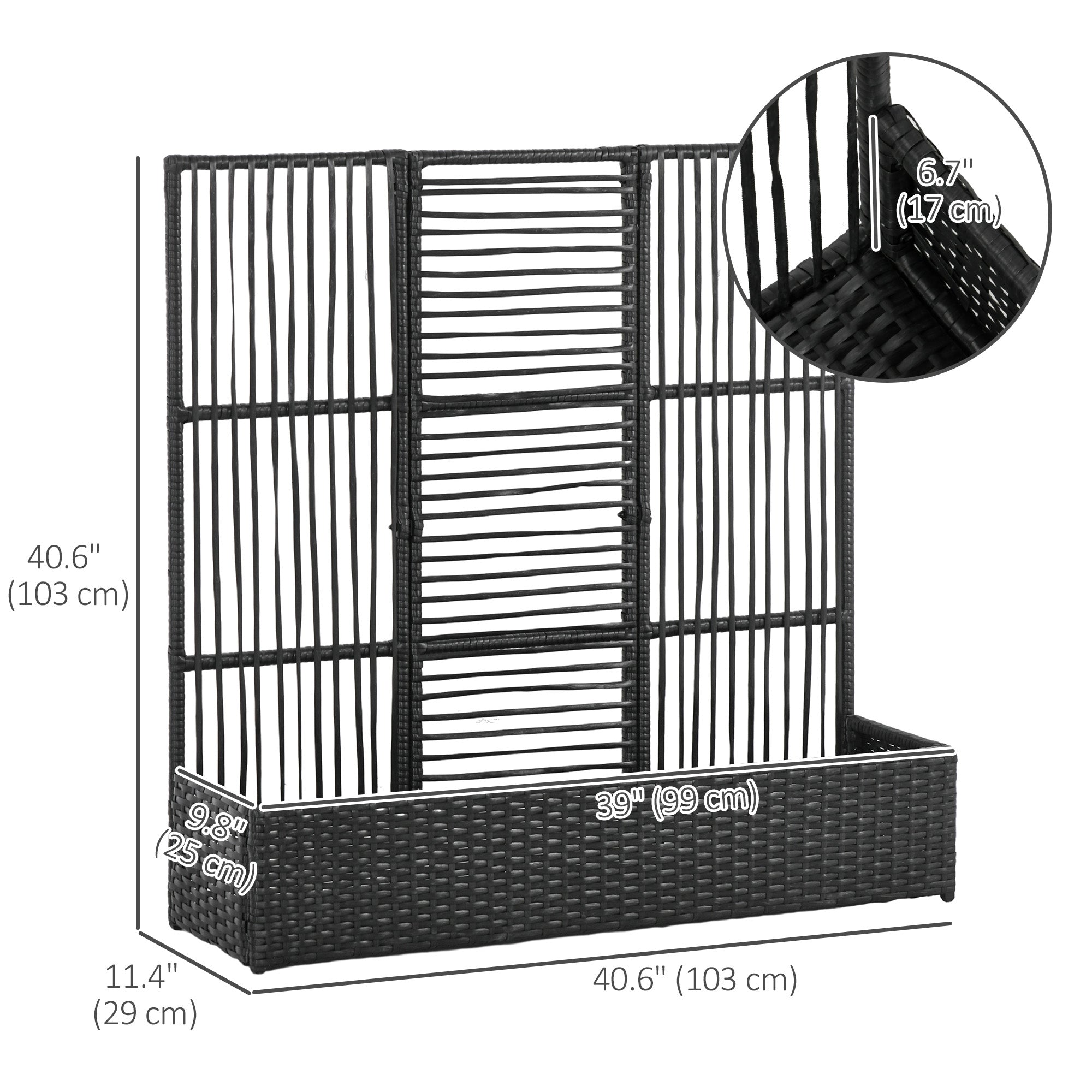 Outsunny Rattan Outdoor Planter with Lattice Trellis for Climbing Plants, Free Standing Wicker Raised Planter Box with Storage for Garden, Patio, Balcony, Porch, Black