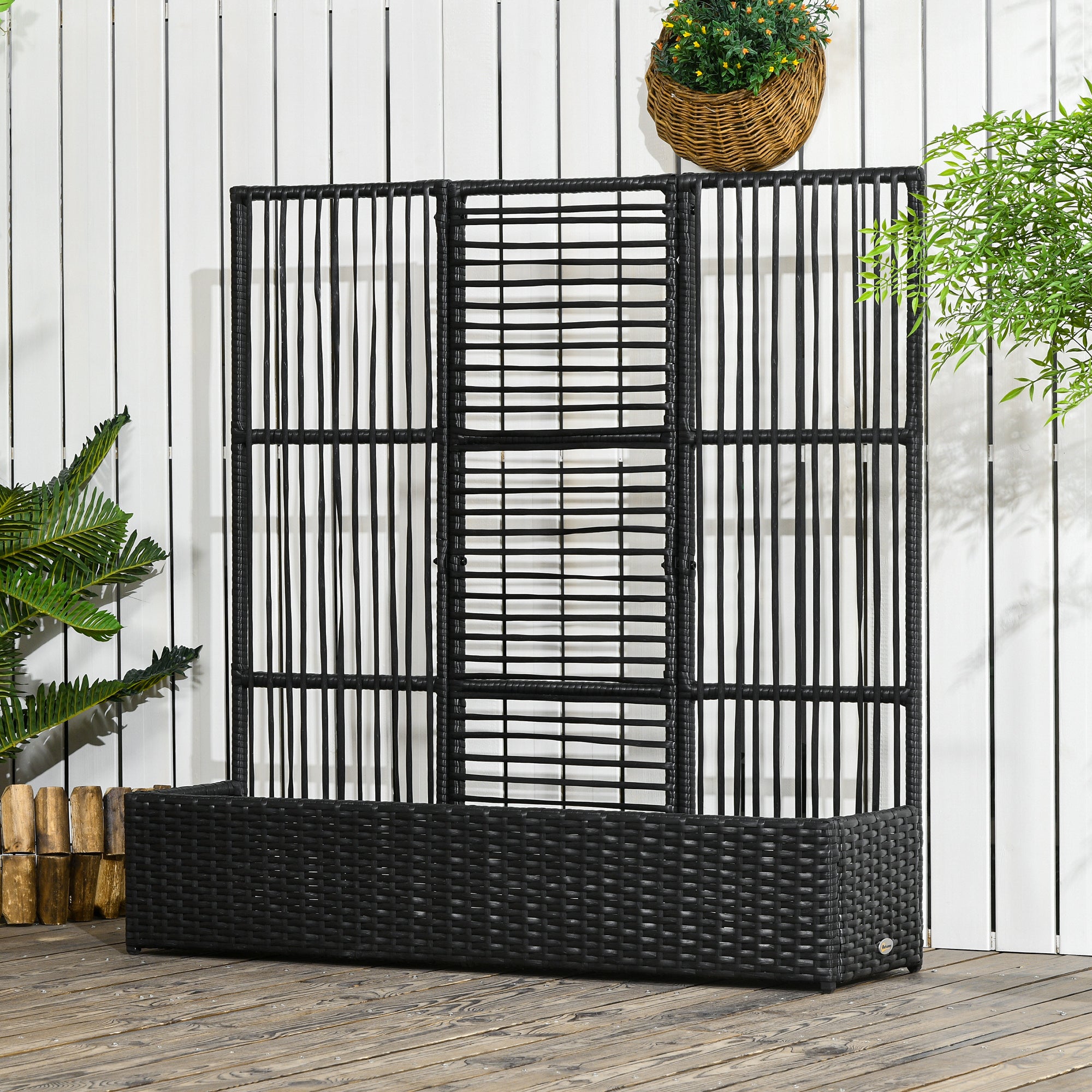 Outsunny Rattan Outdoor Planter with Lattice Trellis for Climbing Plants, Free Standing Wicker Raised Planter Box with Storage for Garden, Patio, Balcony, Porch, Black