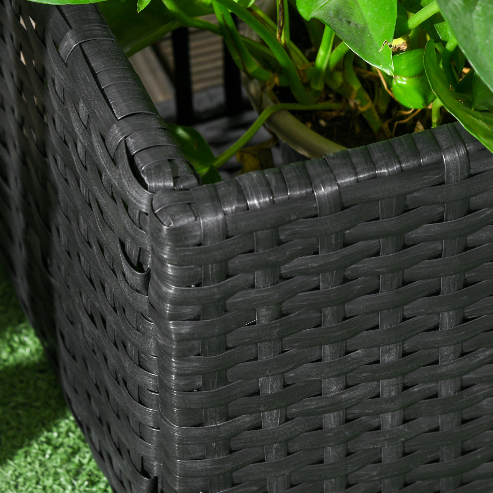 Outsunny Rattan Outdoor Planter with Lattice Trellis for Climbing Plants, Free Standing Wicker Raised Planter Box with Storage for Garden, Patio, Balcony, Porch, Black