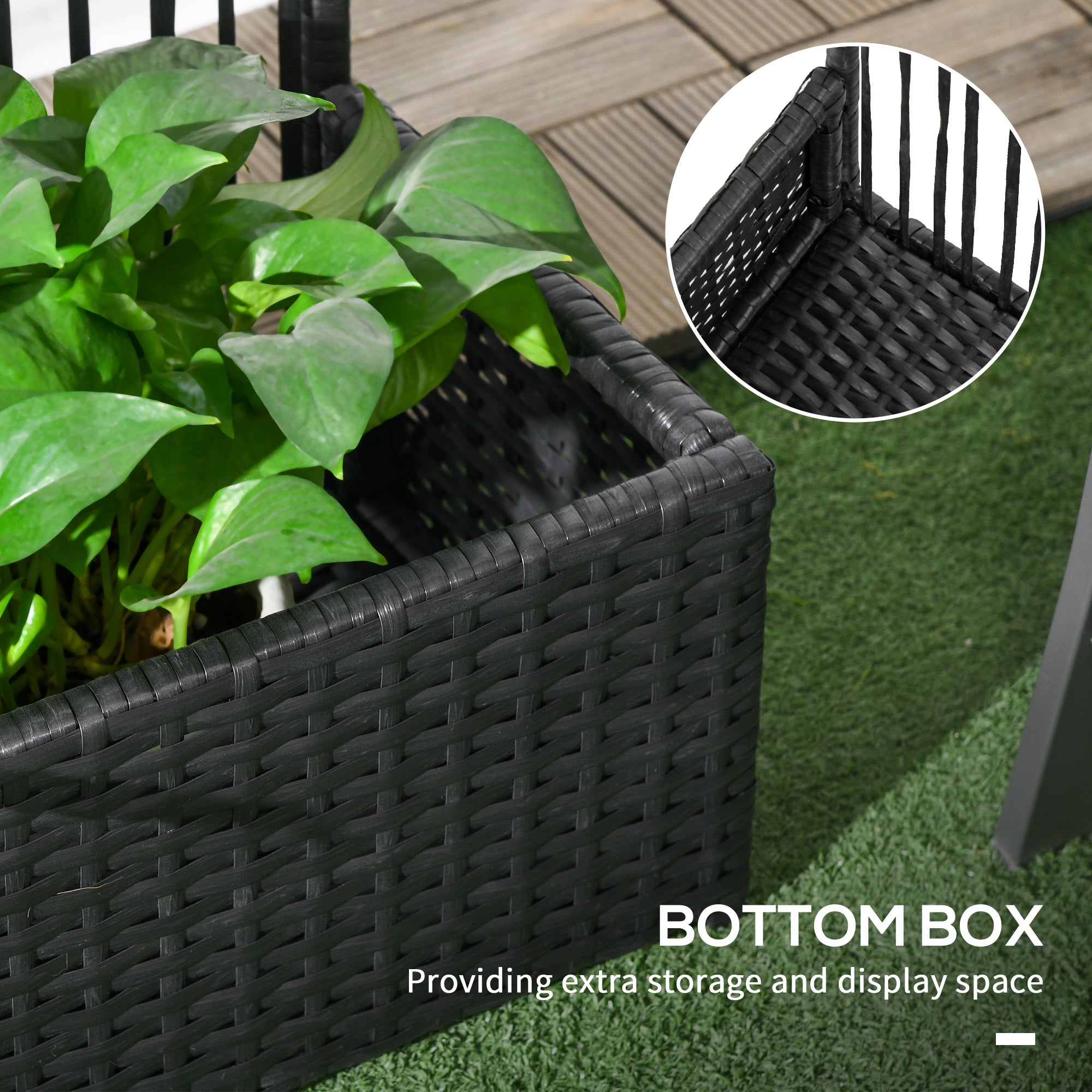 Outsunny Rattan Outdoor Planter with Lattice Trellis for Climbing Plants, Free Standing Wicker Raised Planter Box with Storage for Garden, Patio, Balcony, Porch, Black