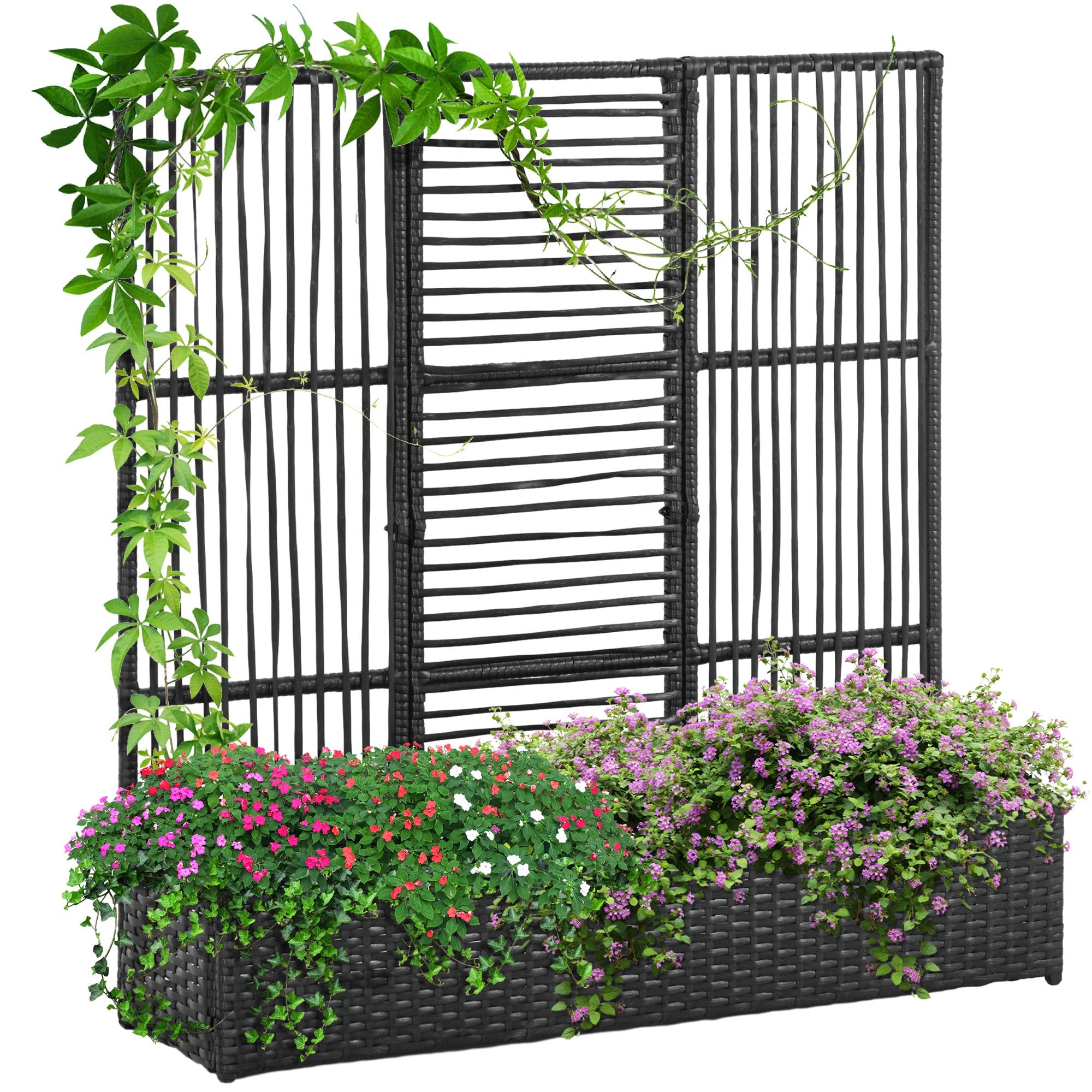 Outsunny Rattan Outdoor Planter with Lattice Trellis for Climbing Plants, Free Standing Wicker Raised Planter Box with Storage for Garden, Patio, Balcony, Porch, Black